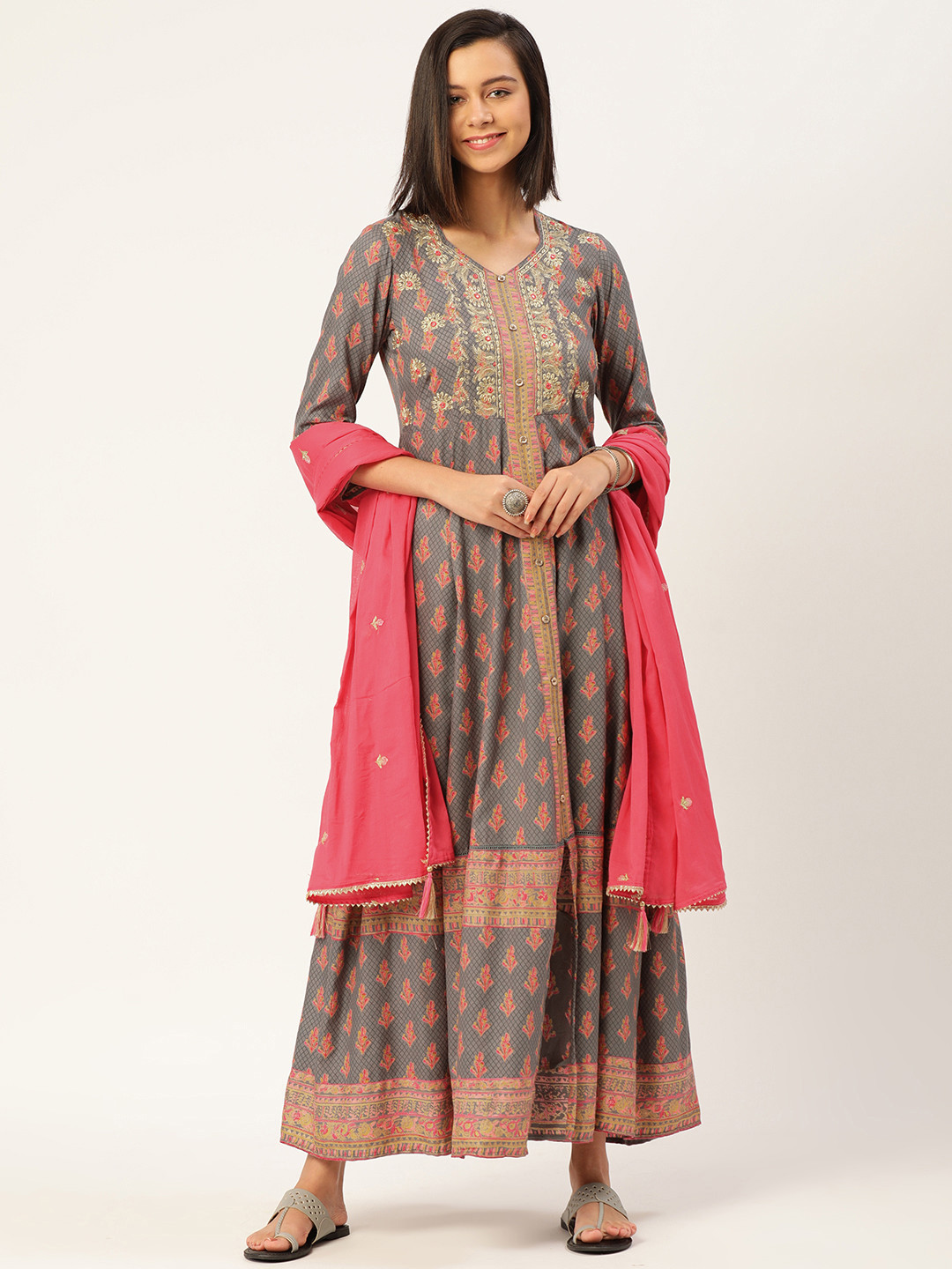 MAAND Women Grey Ethnic Motifs Printed Thread Work Kurta with Trousers & With Dupatta