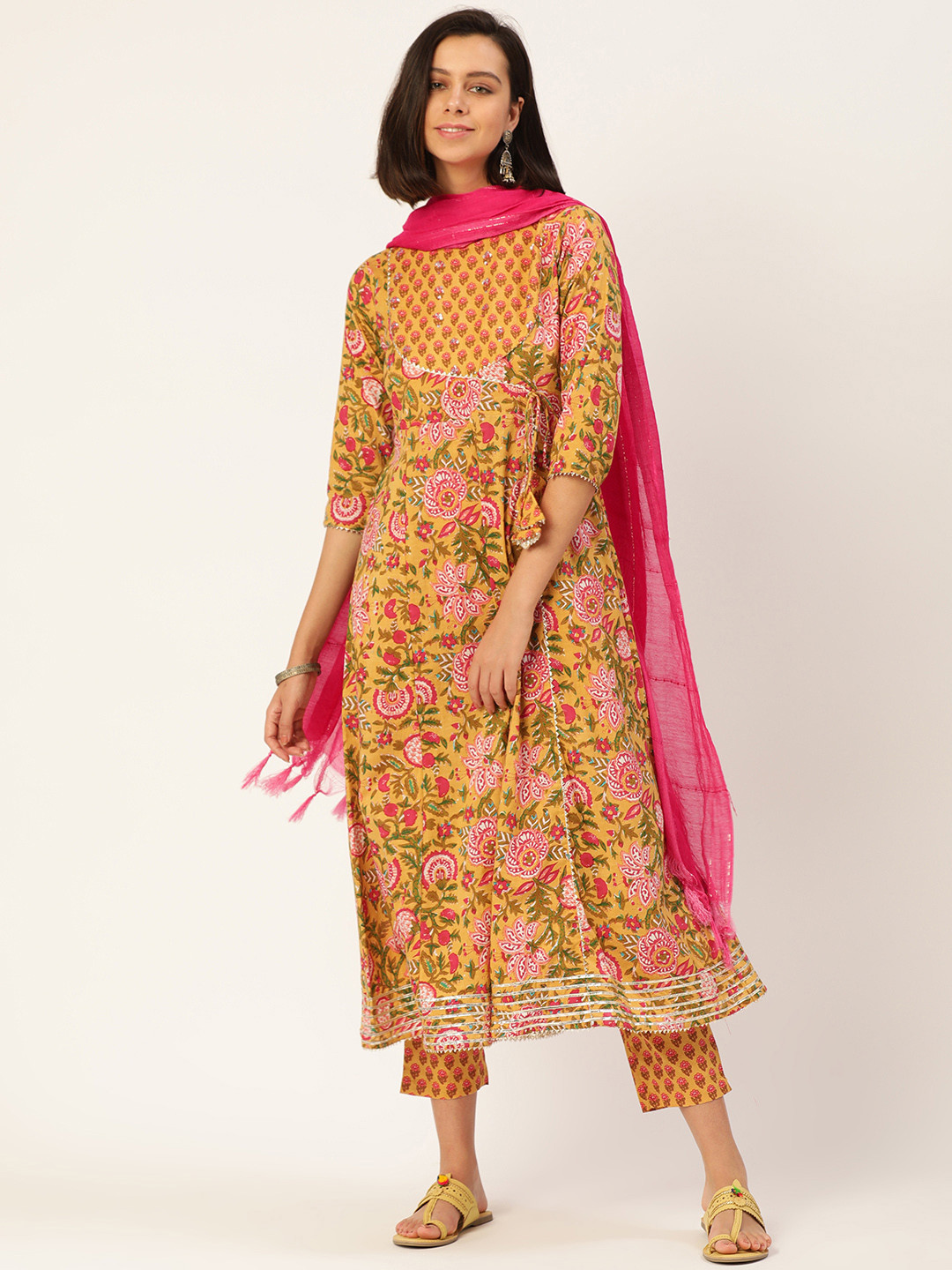 MAAND Women Mustard Yellow Floral Embroidered Angrakha Gotta Patti Pure Cotton Kurta Set