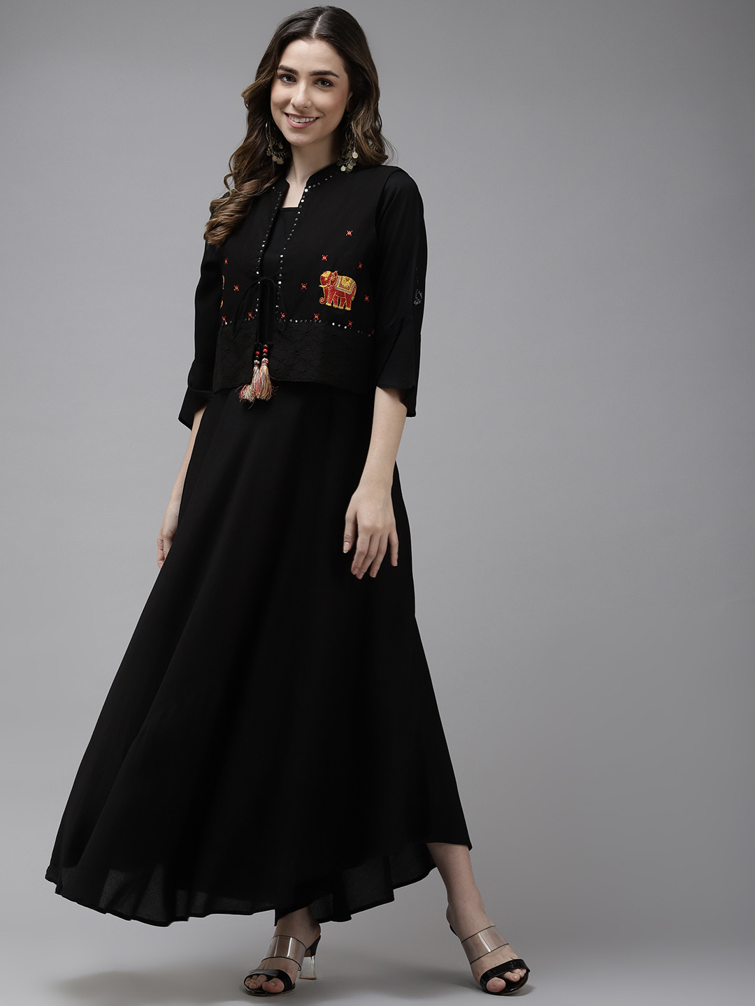 Yufta Black Solid Ethnic A-Line Midi Dress With Jacket