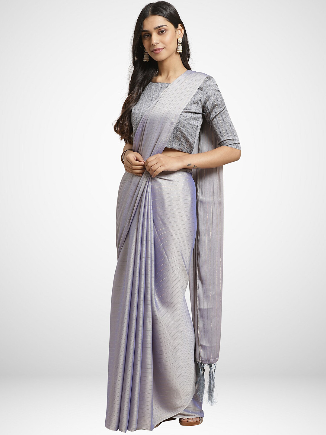 KALINI Purple & Silver-Toned Striped Saree