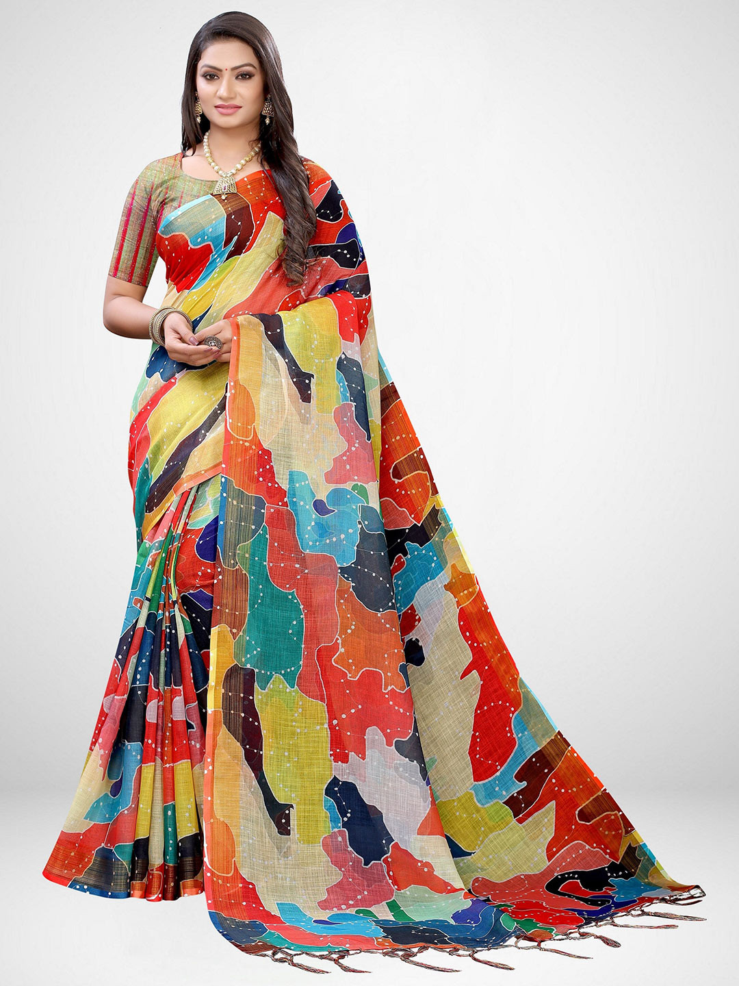 KALINI Orange & Yellow Abstract Printed Linen Blend Saree