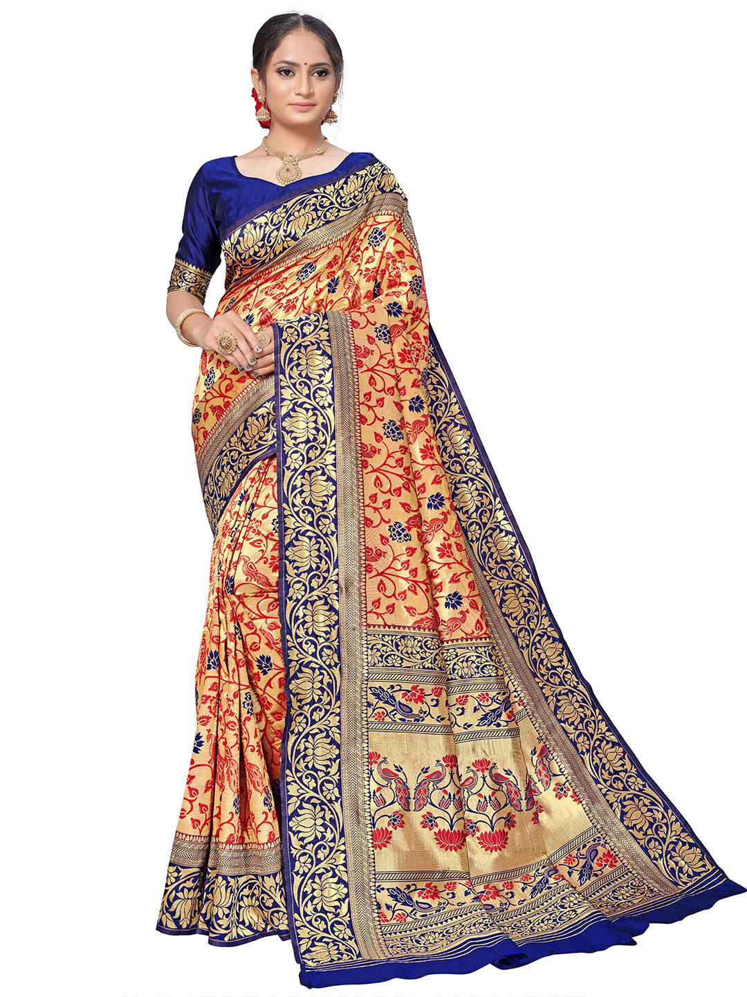 KALINI Rust & Navy Blue Floral Zari Silk Blend Banarasi Saree