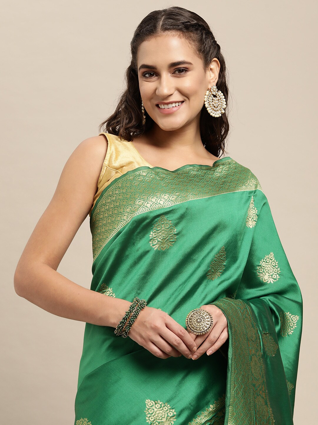 Leeza Store Green & Golden Ethnic Motifs Zari Silk Blend Banarasi Saree