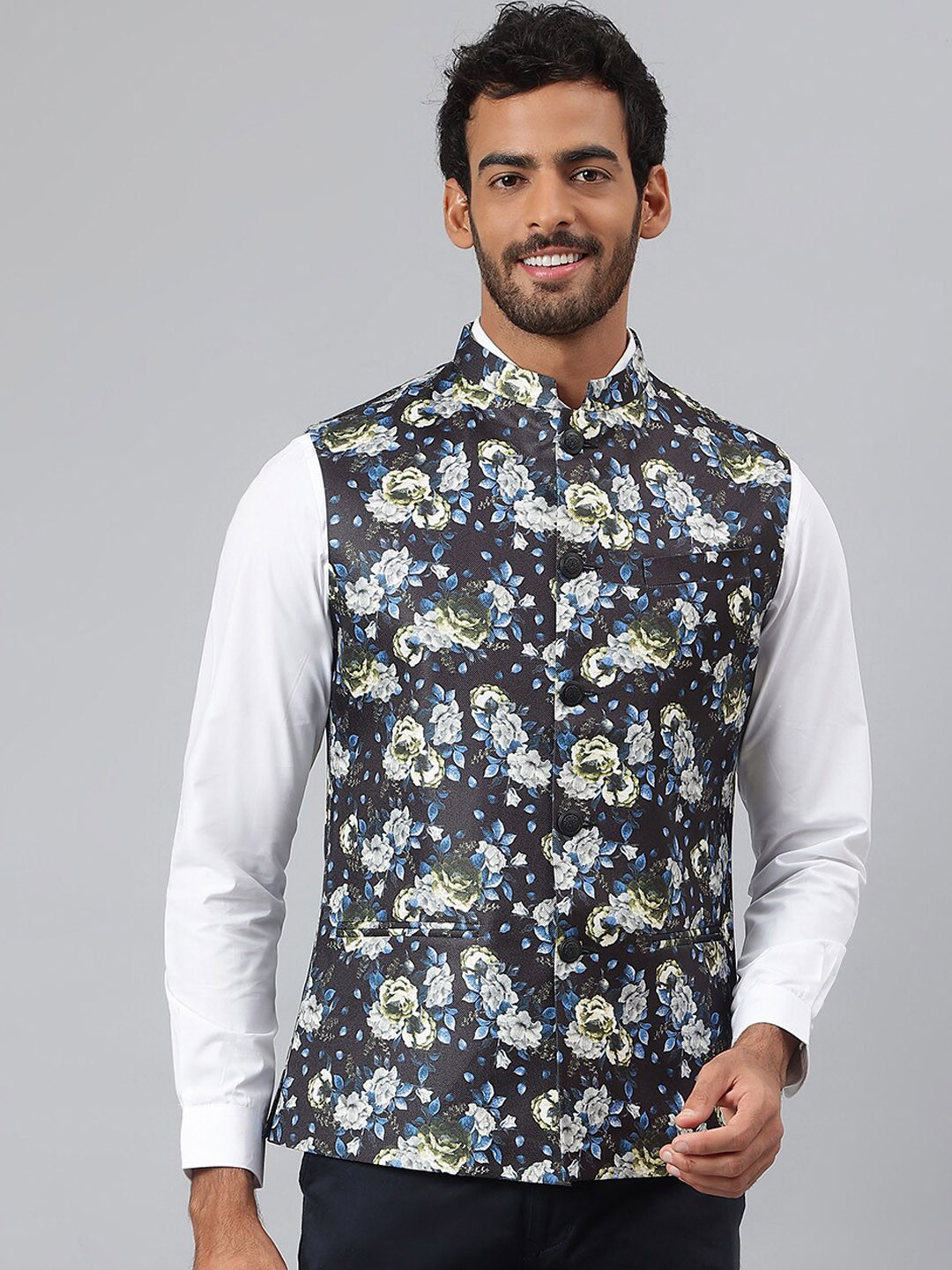 MR BUTTON Men Blue & White Floral Printed Nehru Jacket