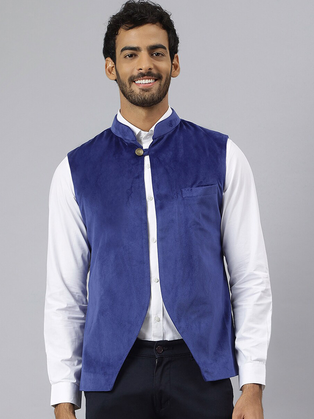 MR BUTTON Men Blue Solid Front-Open Nehru Jacket