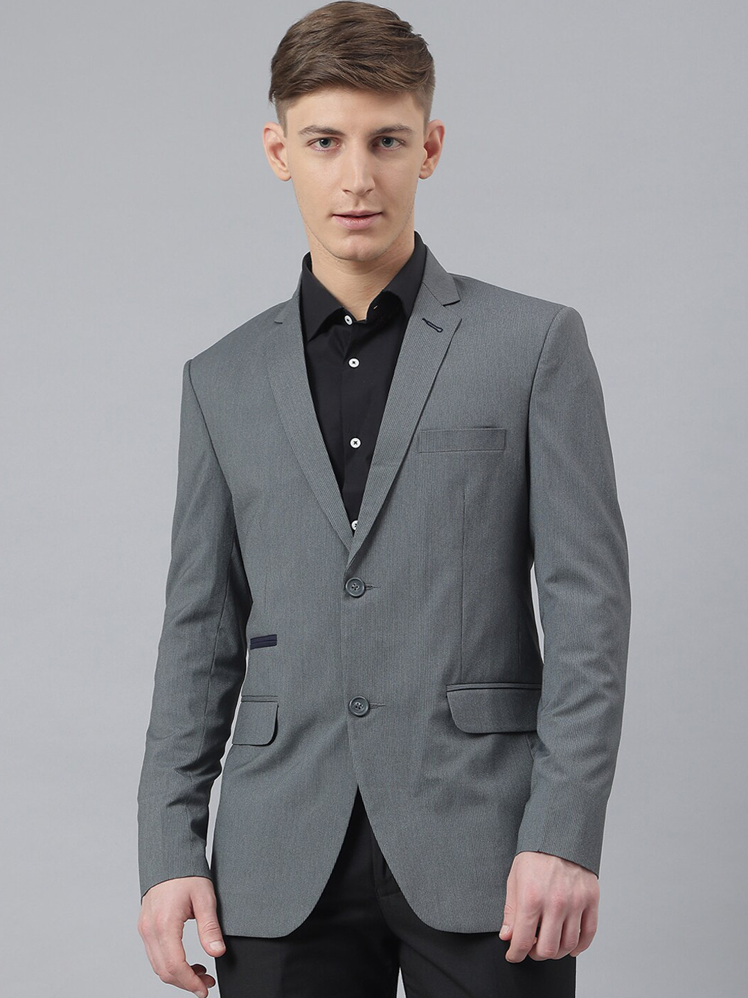 MR BUTTON Men Grey Solid Slim-Fit Single Breasted Formal Blazer