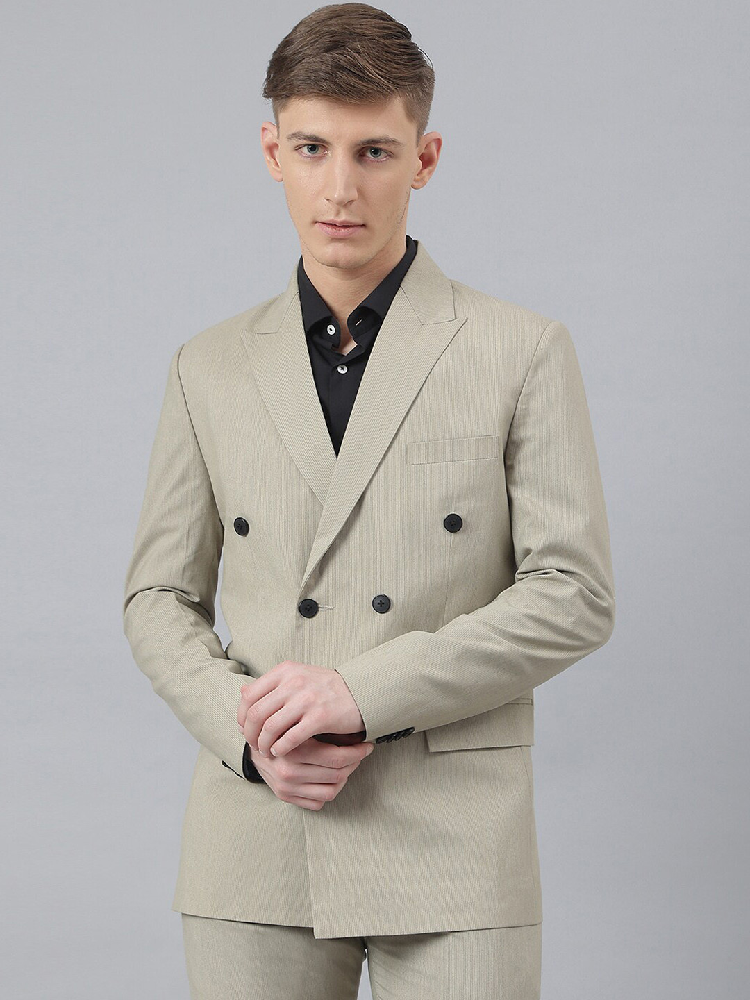 MR BUTTON Men Beige Solid Slim Fit Double Breasted Blazers
