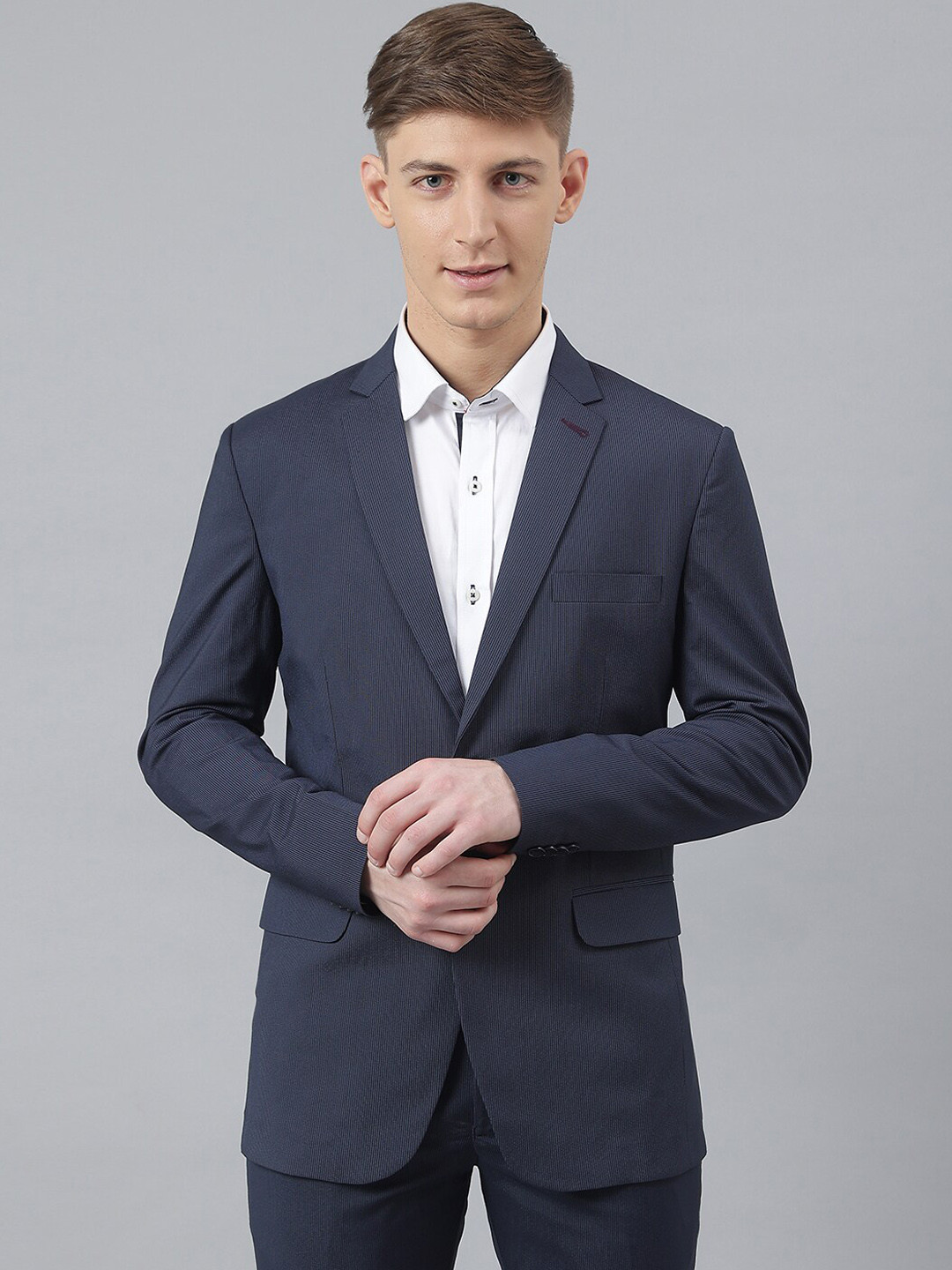 MR BUTTON Men Blue Solid Single-Breasted Blazers