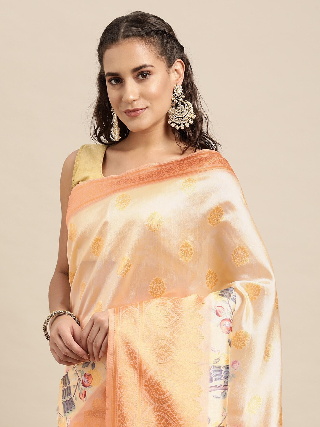 Leeza Store Golden & Peach-Coloured Woven Design Zari Saree