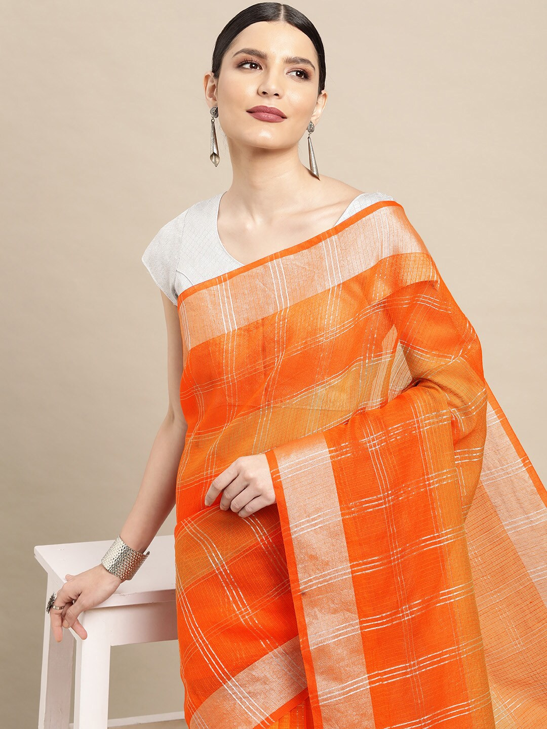 Leeza Store Orange Woven Design Zari Kota Saree