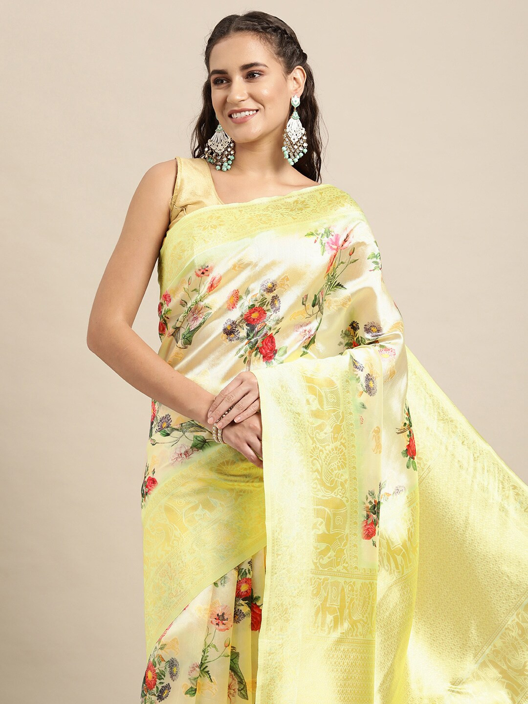 Leeza Store Lime Green Woven Design Zari Saree
