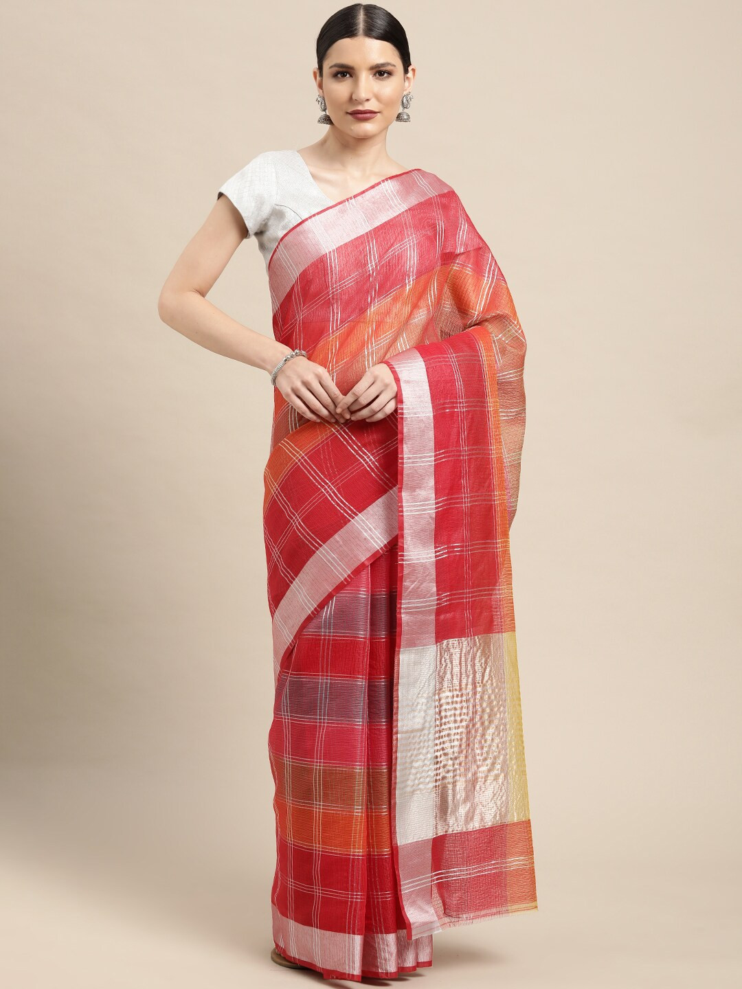 Leeza Store Red & Silver Woven Design Zari Kota Saree