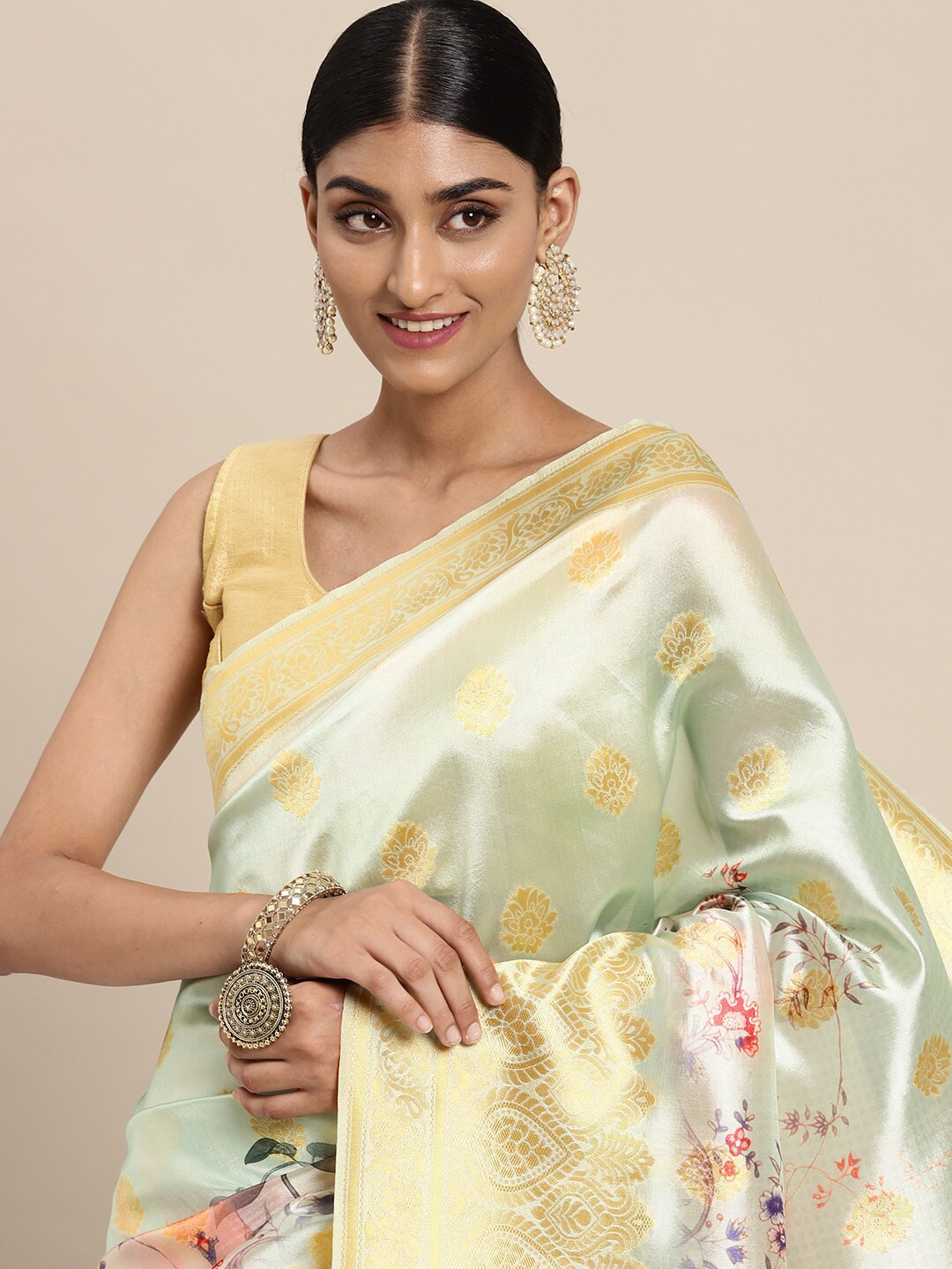 Leeza Store Sea Green & Golden Floral Cotton Blend Saree