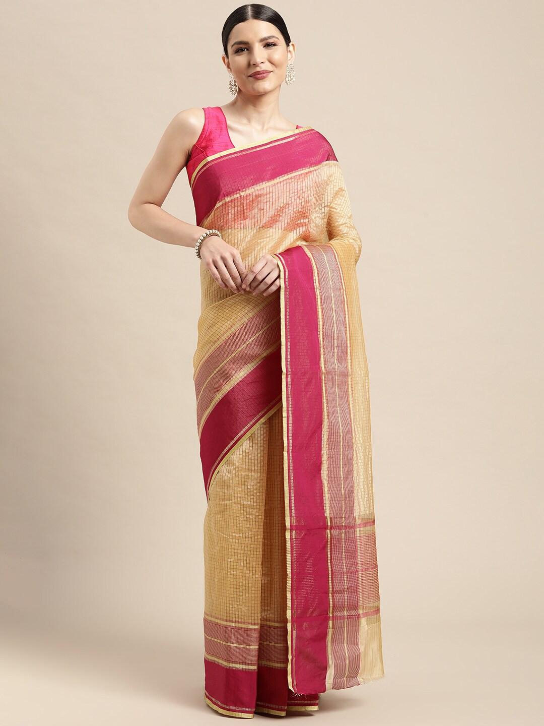 Leeza Store Yellow & Magenta Checked Woven Design Zari Silk Blend Mangalagiri Saree