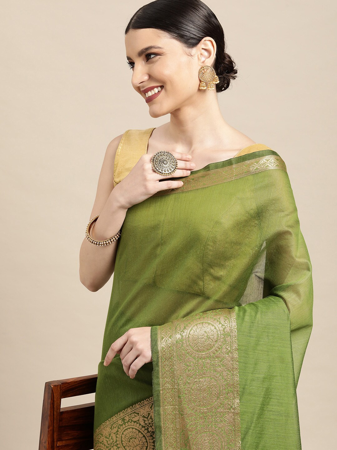 Leeza Store Olive Green Solid Zari Saree