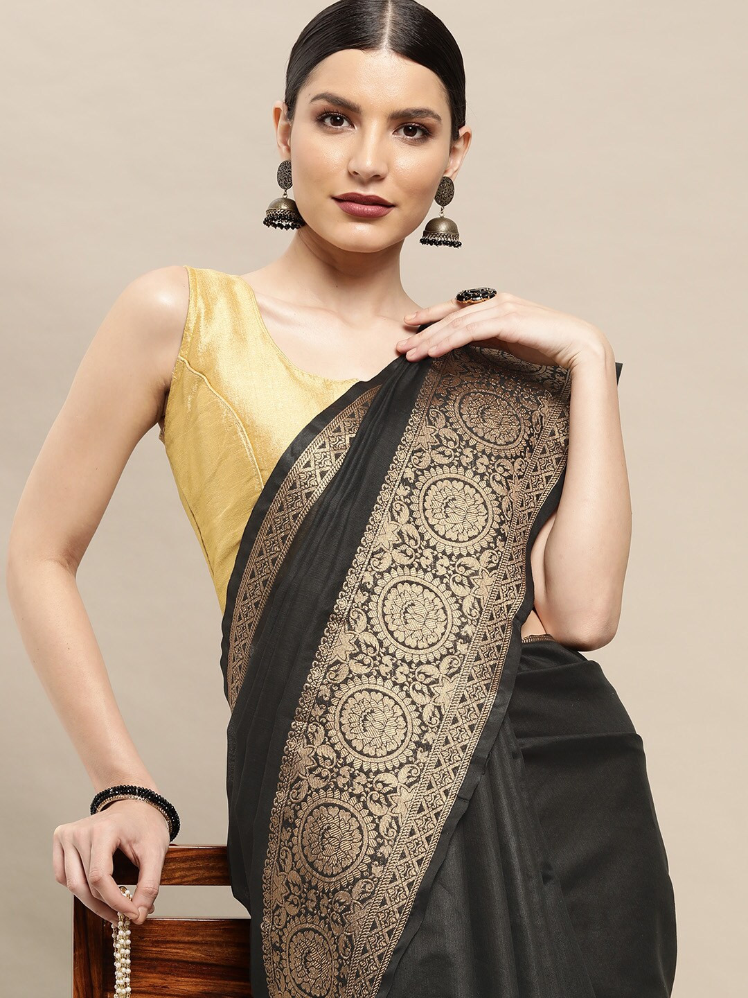 Leeza Store Black & Golden Woven Design Zari Banarasi Saree
