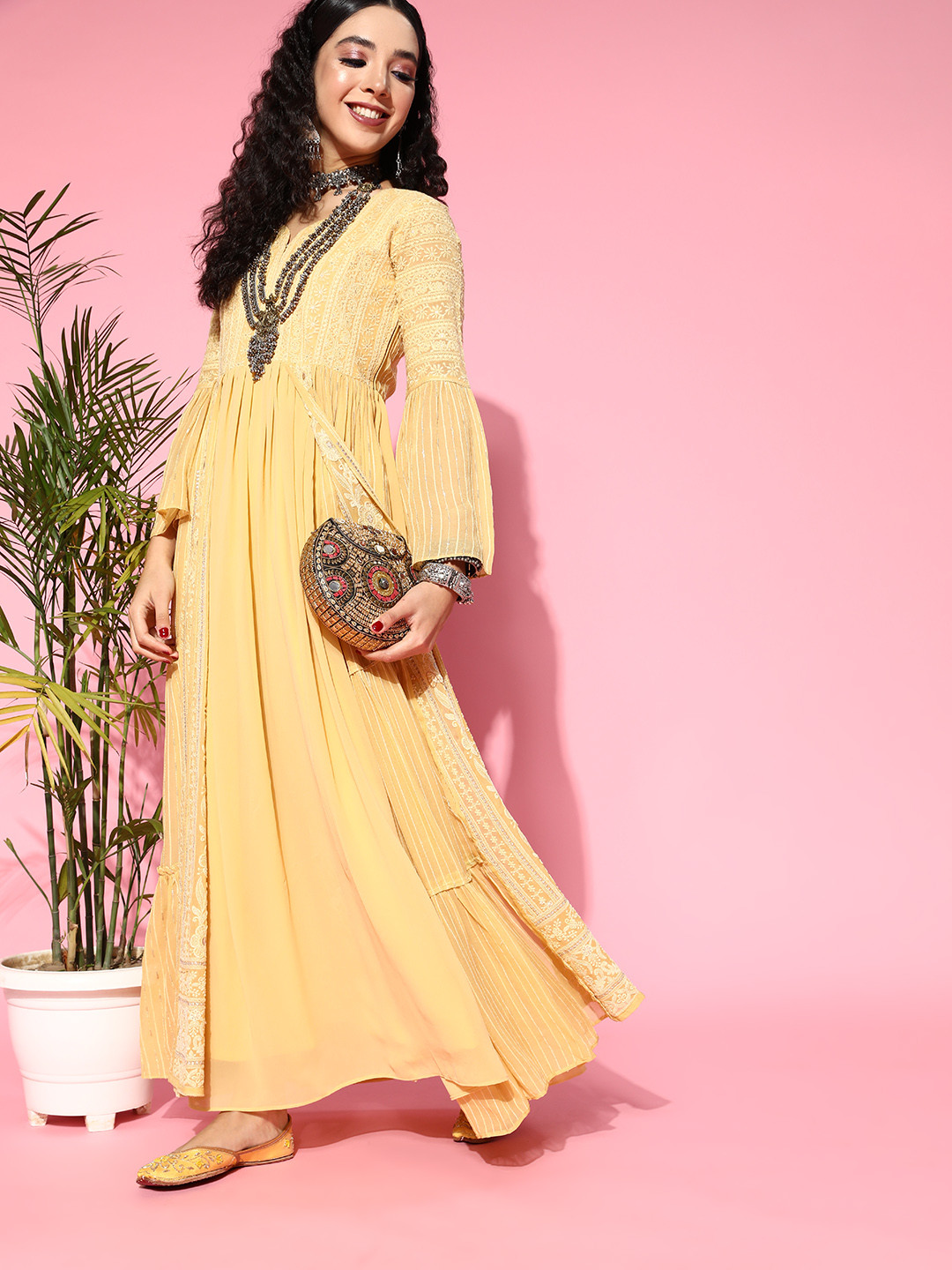 Kvsfab Women Yellow Ethnic Motifs Print Parade Dress