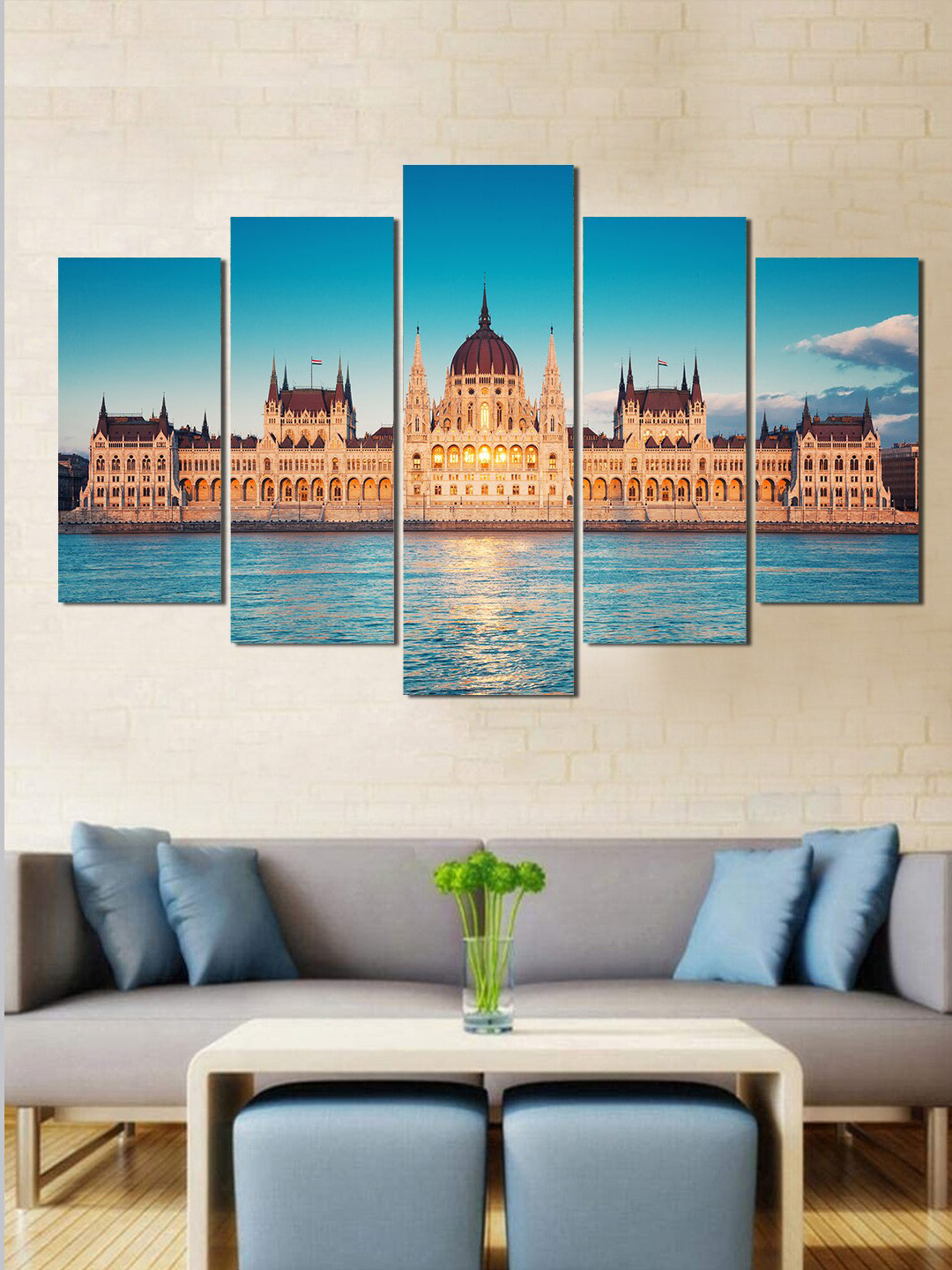 WENS Set Of 5 Blue & Beige Budapest At Night Laminated Wall Arts