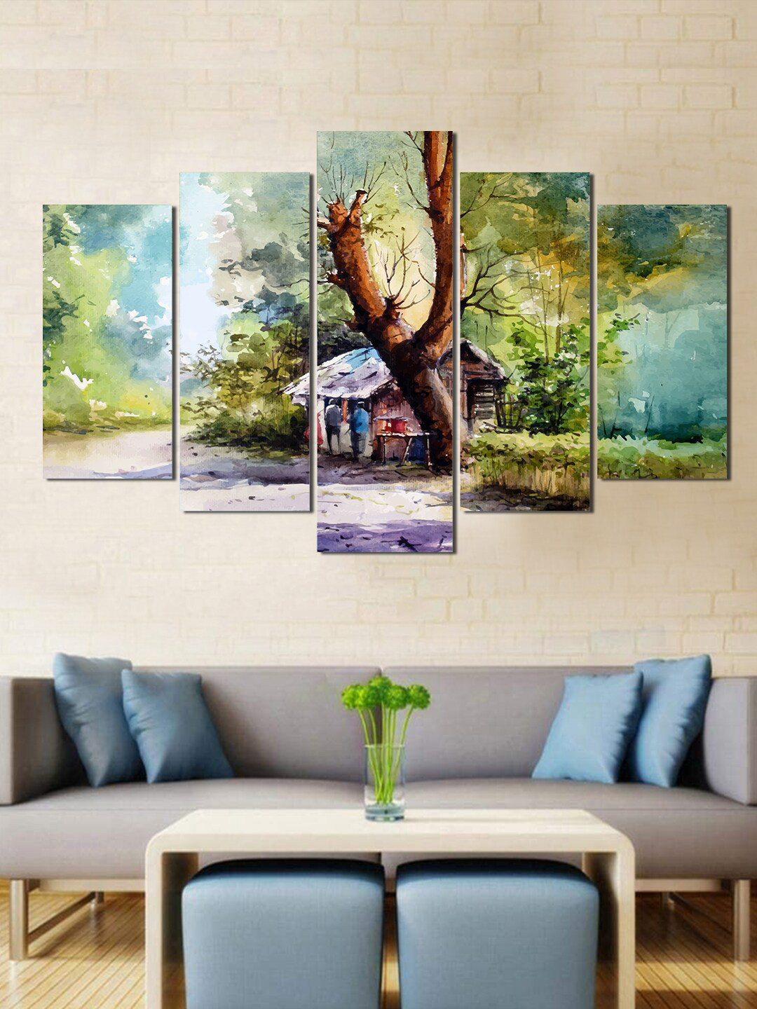 WENS Green & Brown Village View Painted Laminated 5 Panels Wall Art