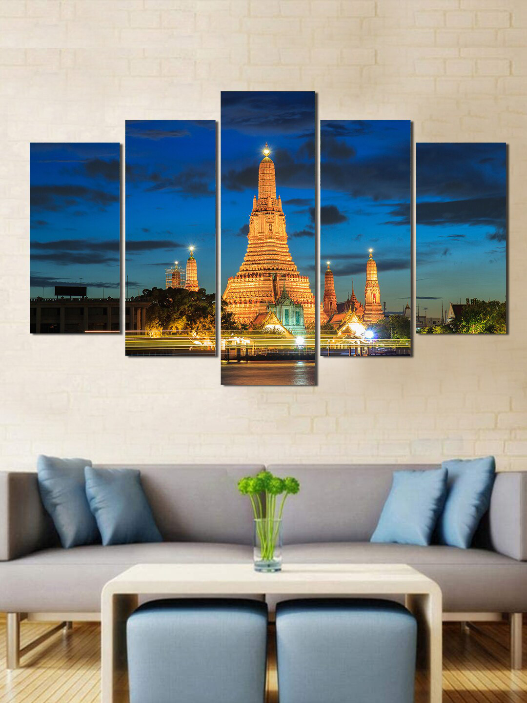 WENS Set of 5 Blue & Yellow Temple Painting Laminated Wall Art