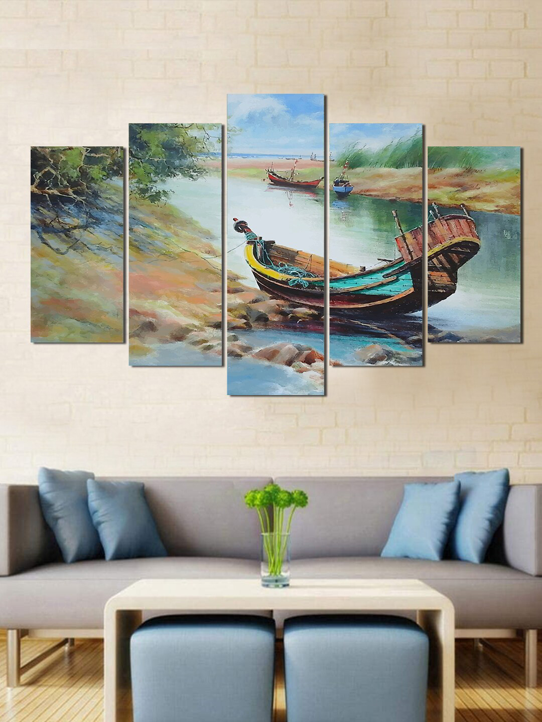 WENS Set Of 5 Blue & Brown River Side View Laminated Wall Arts