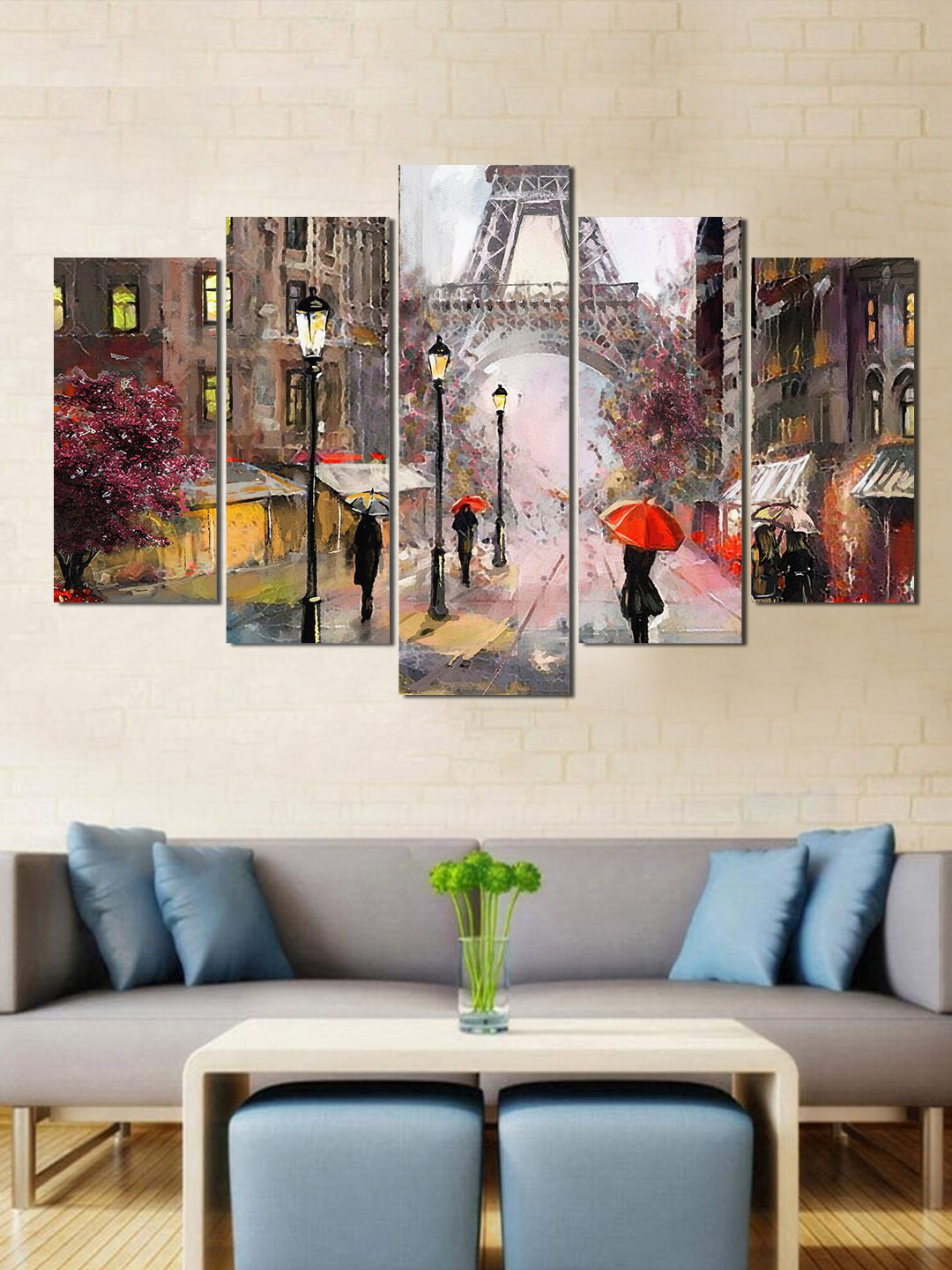 WENS Set Of 5 Red & Brown Paris City View Laminated Wall Arts