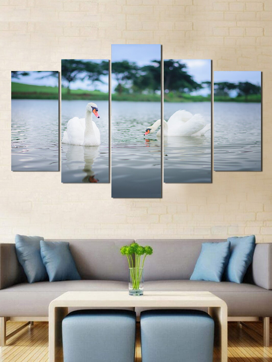 WENS Blue & White Lovely Pair Of Swan Laminated 5 Panels Wall Art