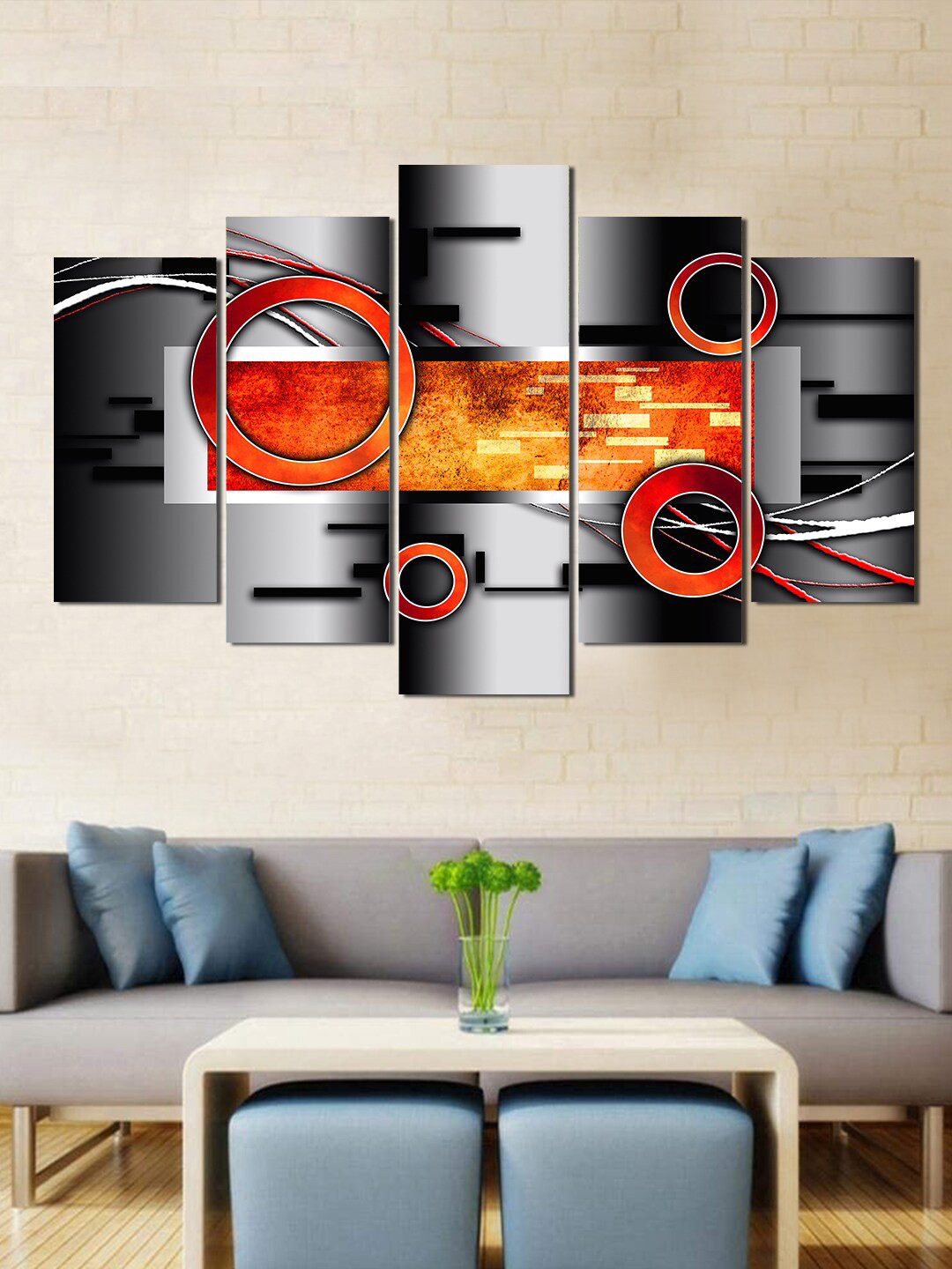 WENS Set Of 5 Grey & Orange Modern Fusion Art Laminated Wall Art