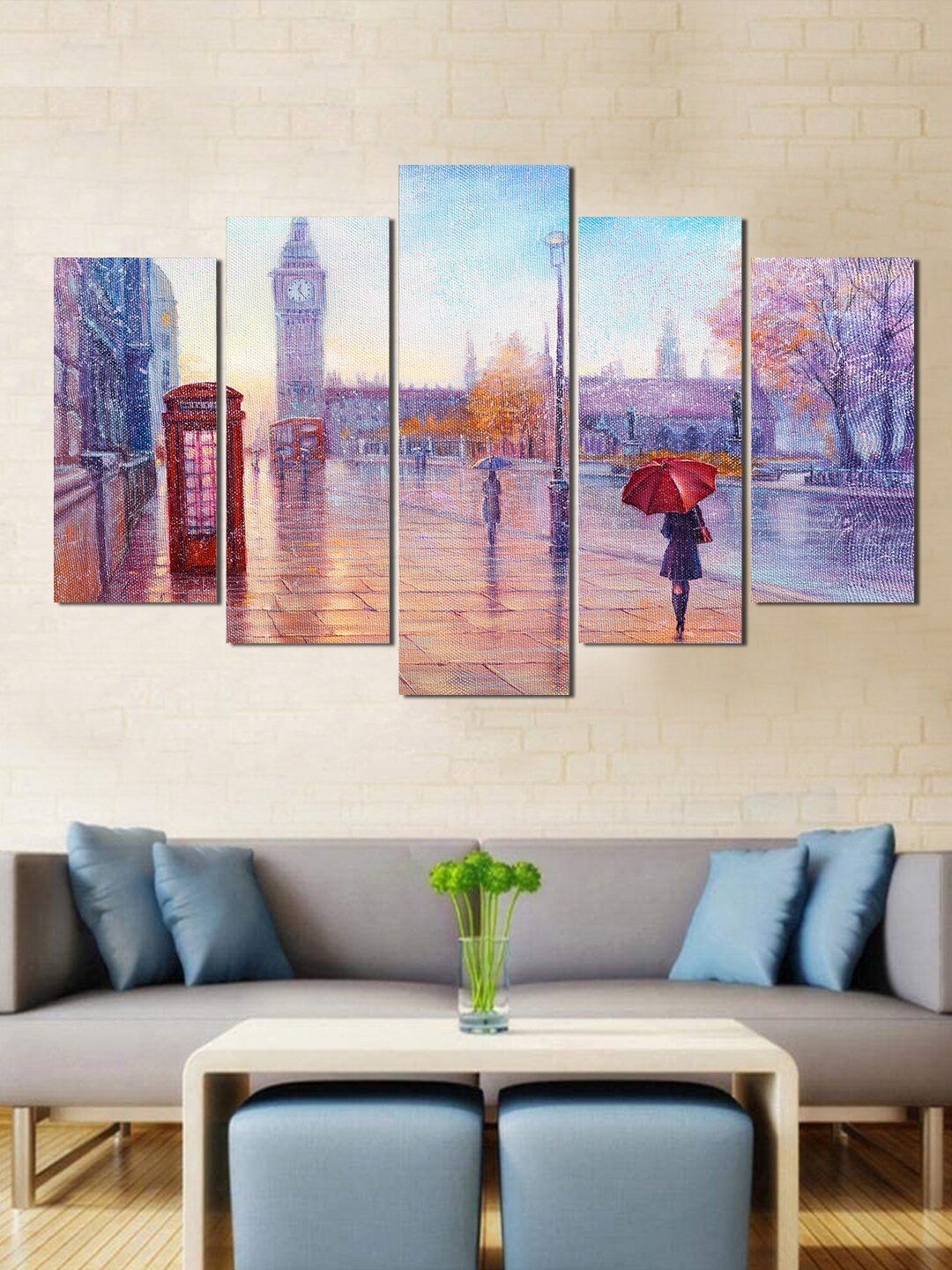 WENS Beautiful Street View MDF 5 Piece Wall Rectangle Paintings Wall Art