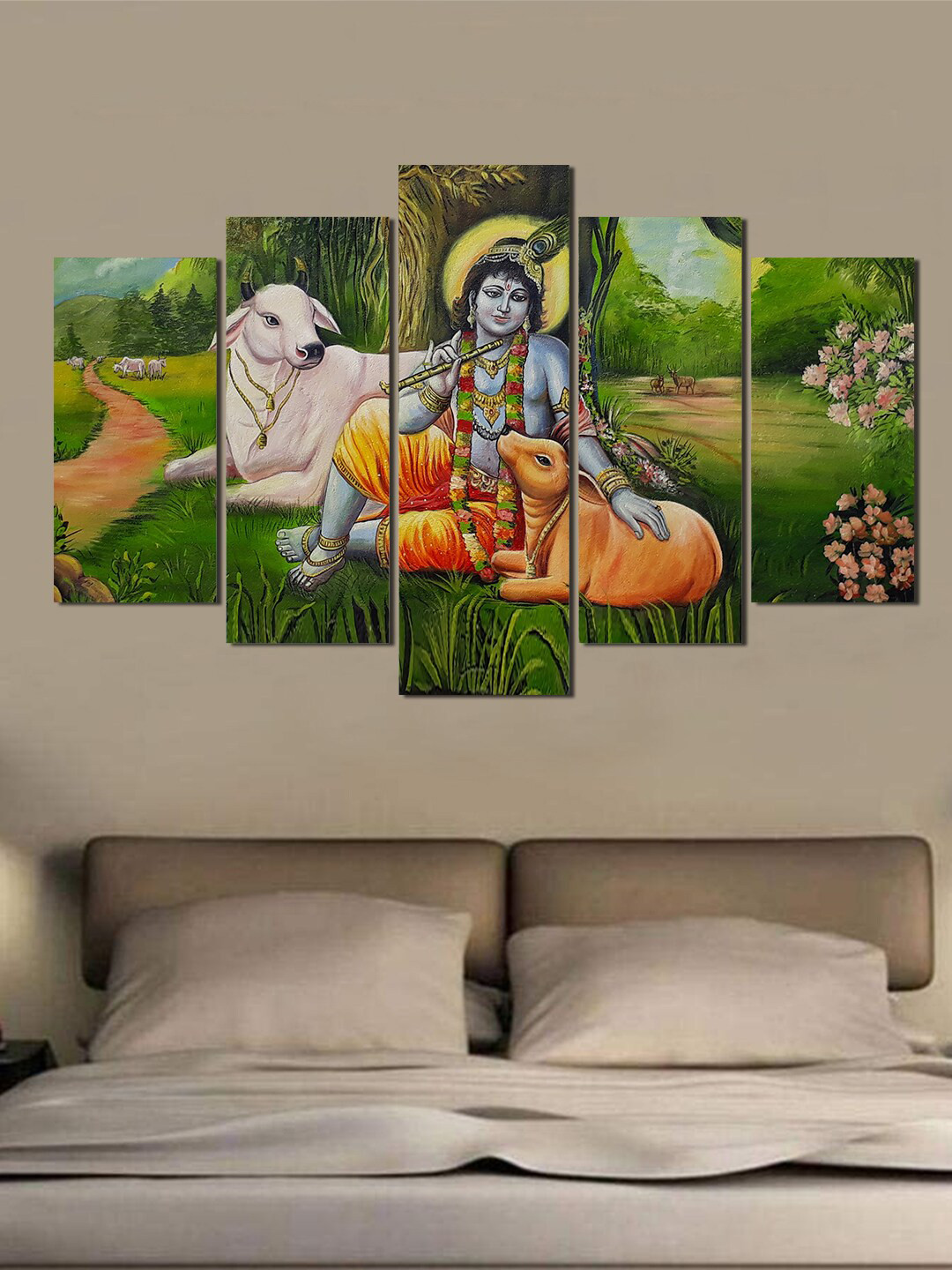 WENS Set Of 5 Green & White Krishna Devine Art Abstract Painting Wall Art