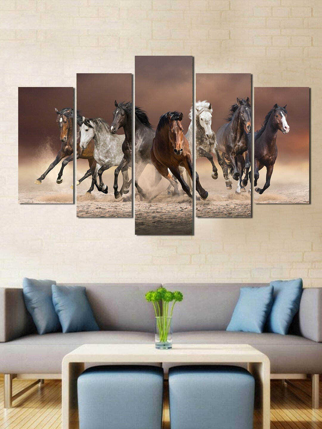 WENS Vastu Seven Horses MDF 5 Piece Wall Rectangle Paintings Wall Art