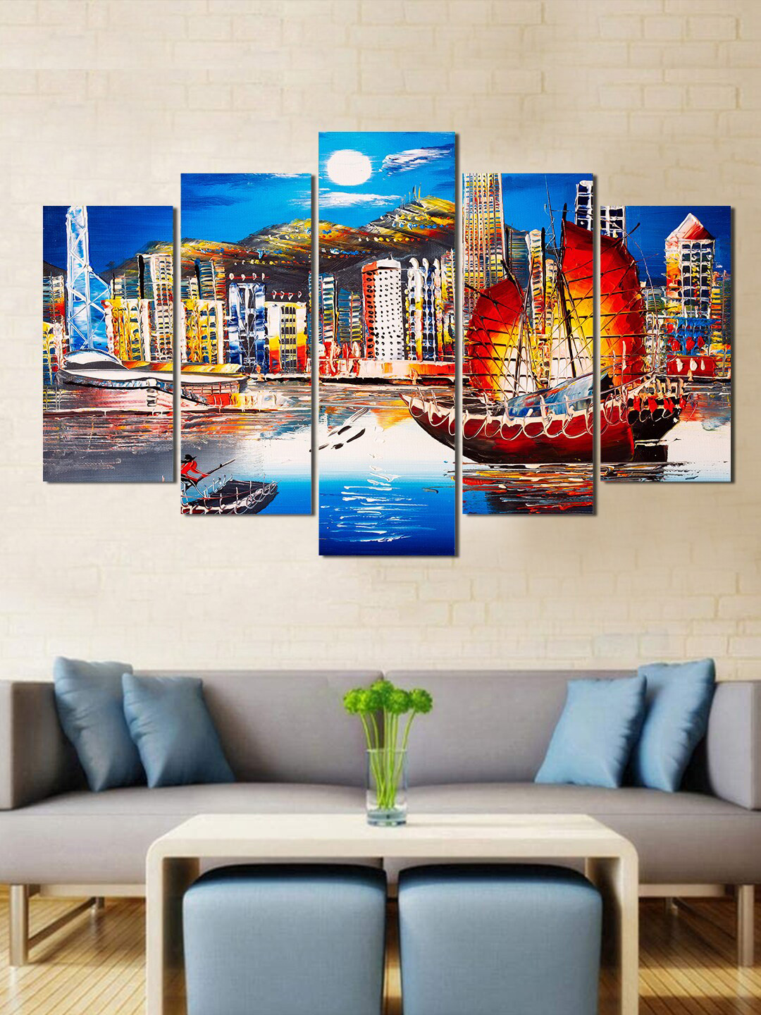 WENS Beautiful City View MDF 5 Piece Wall Rectangle Paintings Wall Art