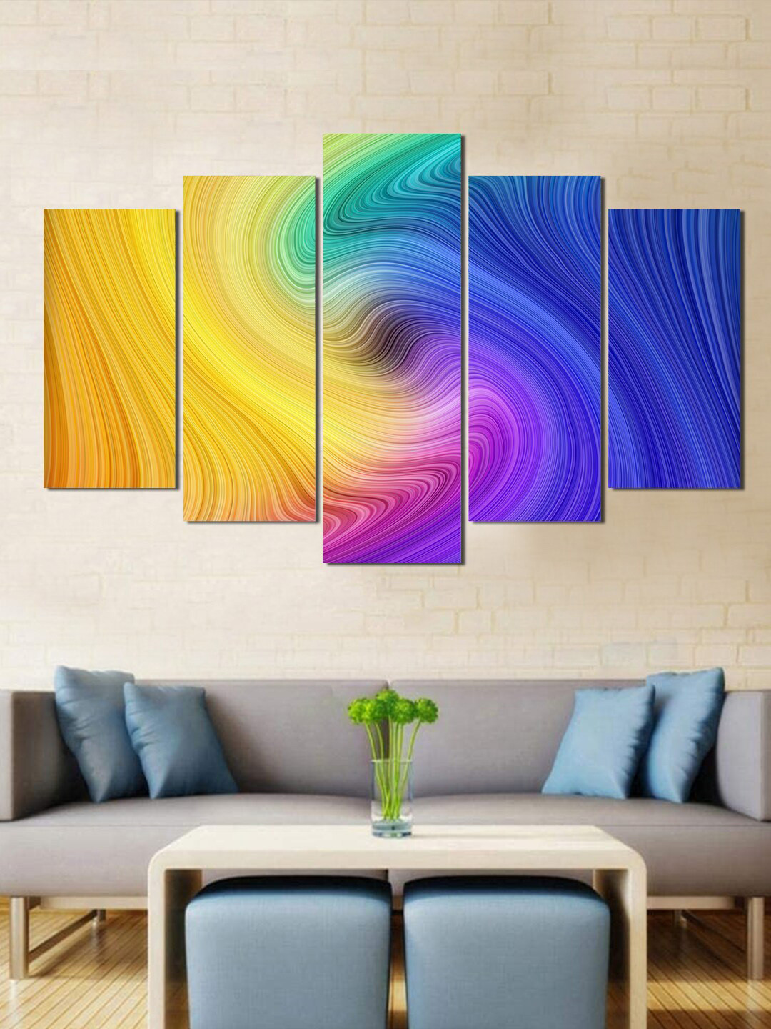 WENS Set Of 5 Yellow & Blue Abstract Laminated Wall Painting