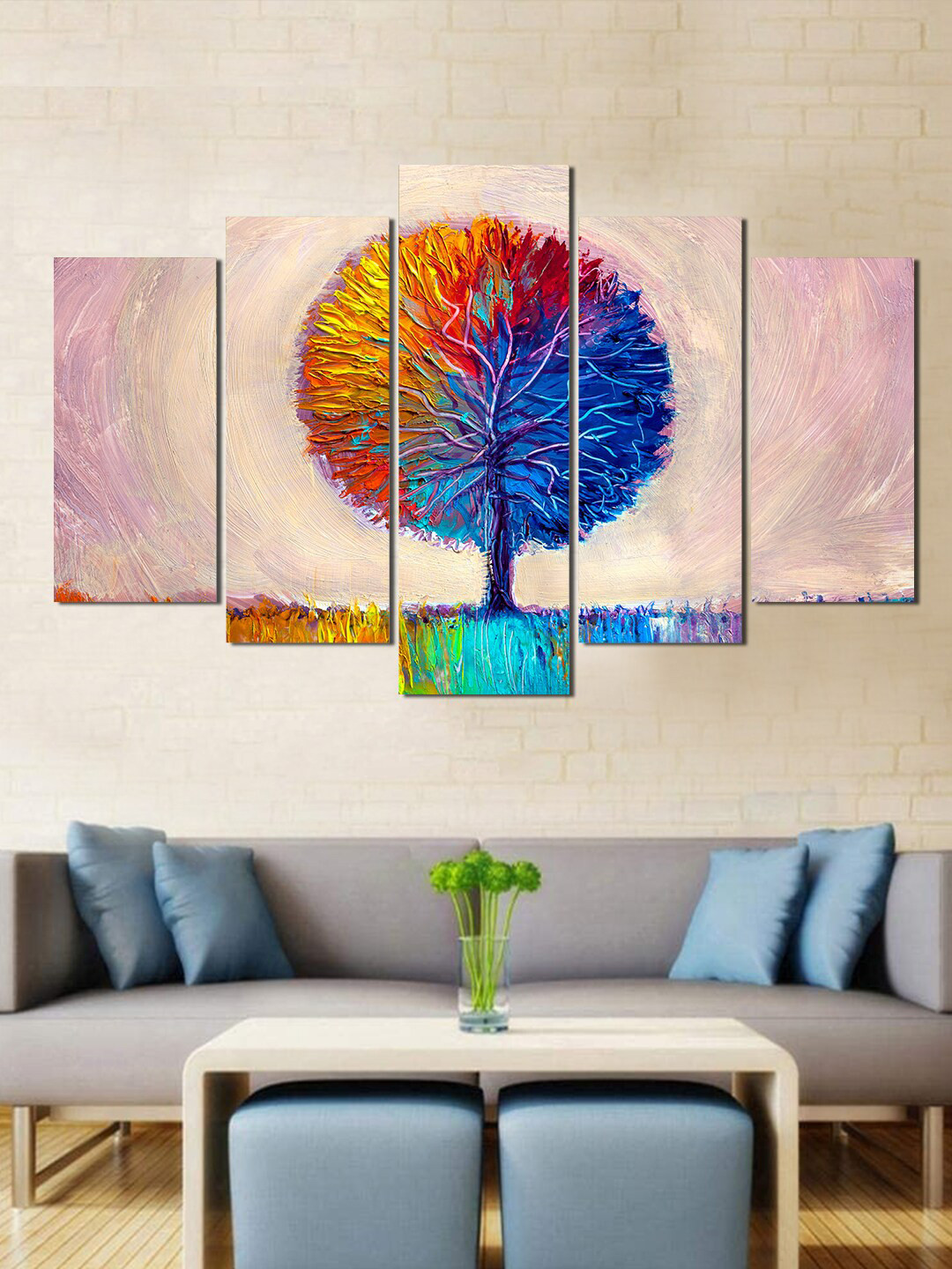 WENS Set Of 5 Pink & Blue Tree Modern Laminated Wall Art
