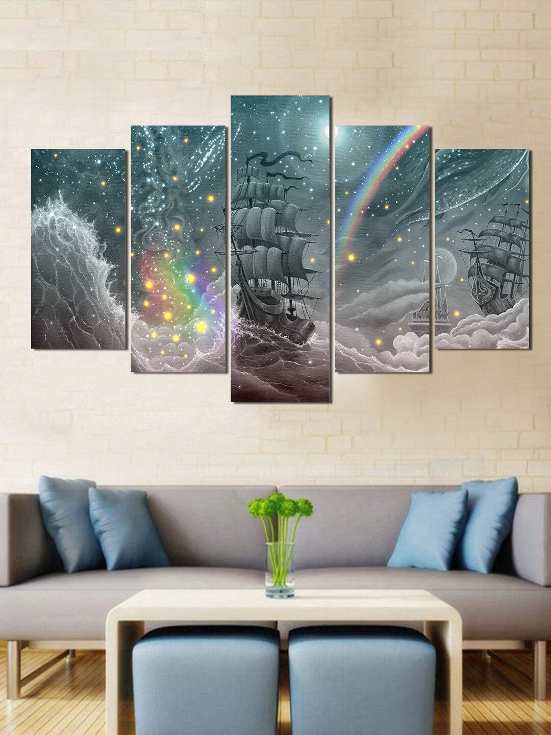 WENS Set Of 5 Blue & Black Sunset River View Laminated Wall Art