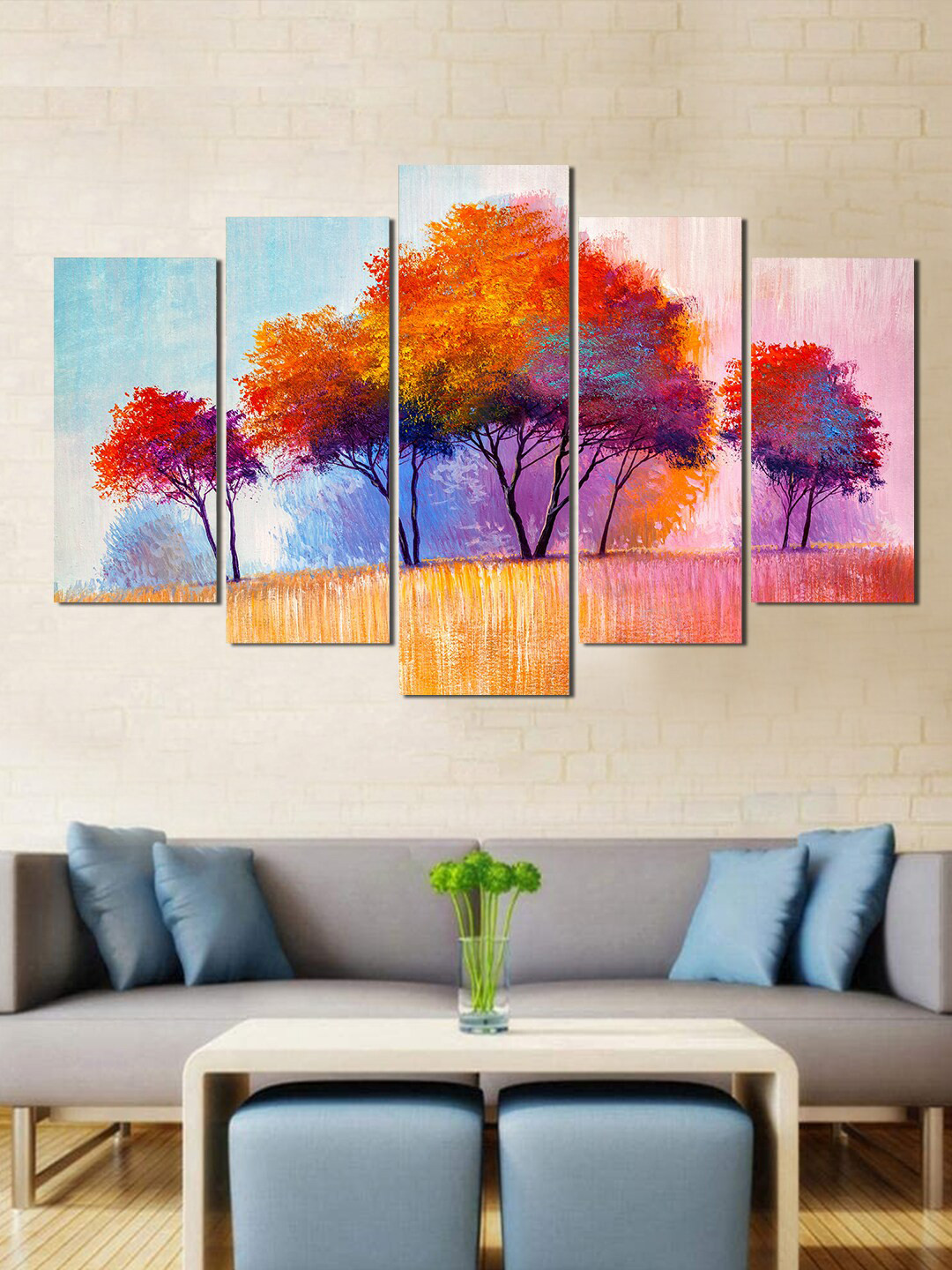WENS Set Of 5 Red & Orange Tree Oil Painting Laminated Wall Art