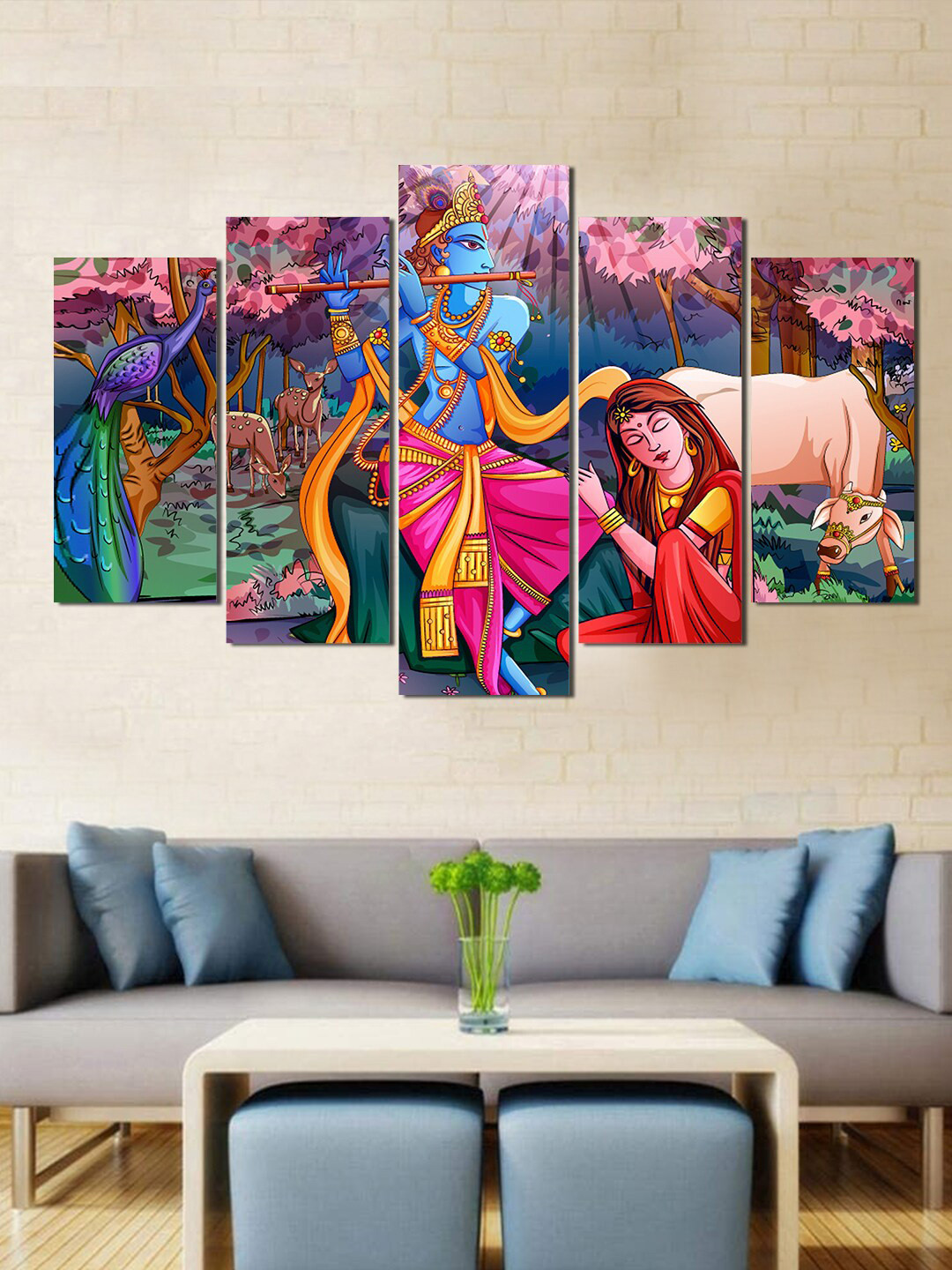 WENS Set Of 5 Pink & Blue Krishna Devine Music Wall Arts