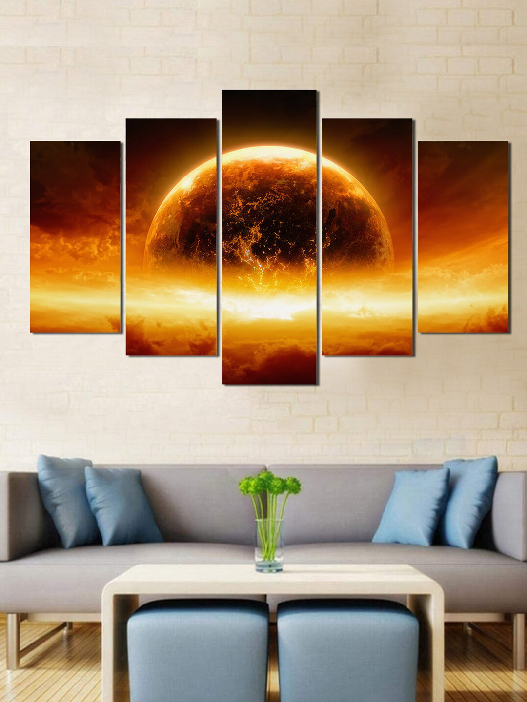 WENS Set of 5 Orange & Brown Sunrise View Abstract Painting Wall Art
