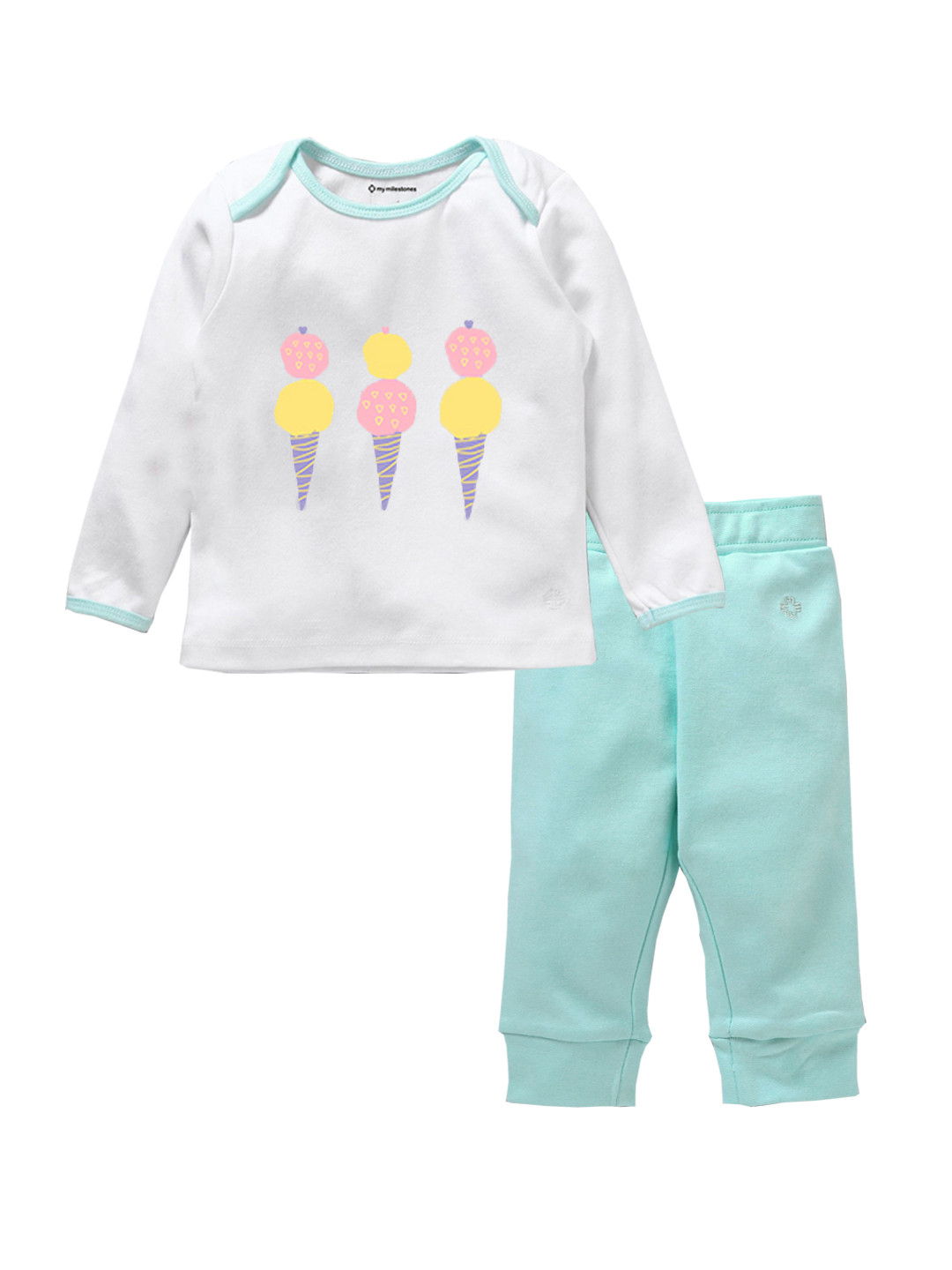 My Milestones Girls White & Green Printed Pure Cotton T-shirt with Leggings