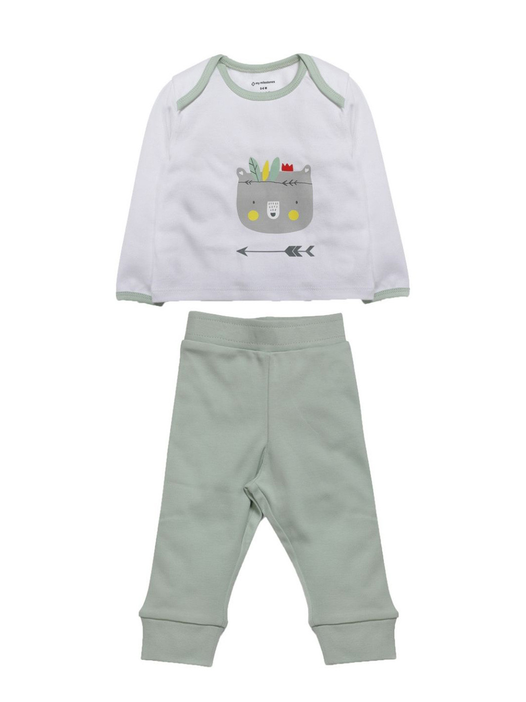 My Milestones Girls White & Green Printed Pure Cotton T-shirt with Leggings