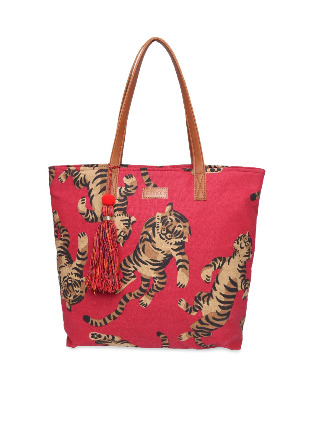 ASTRID Red Animal Printed Oversized Shopper Tote Bag with Tasselled