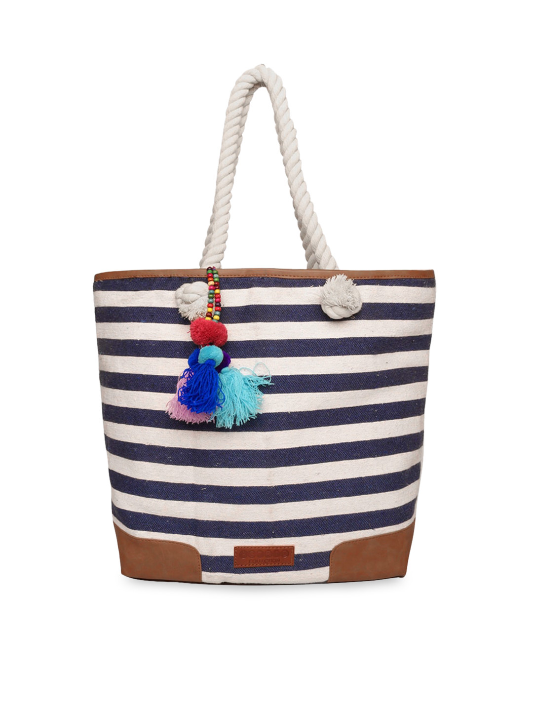 ASTRID Blue Striped Shopper Tote Bag with Tasselled 90% COTTON