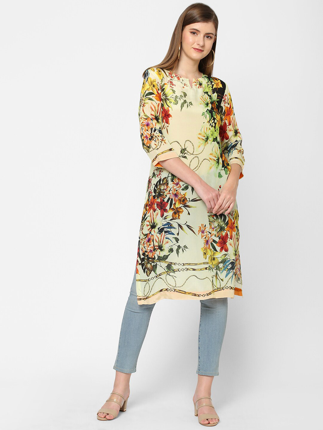 Cloth Haus India Cream-Coloured & Green Botanical Printed Boat Neck Kurti
