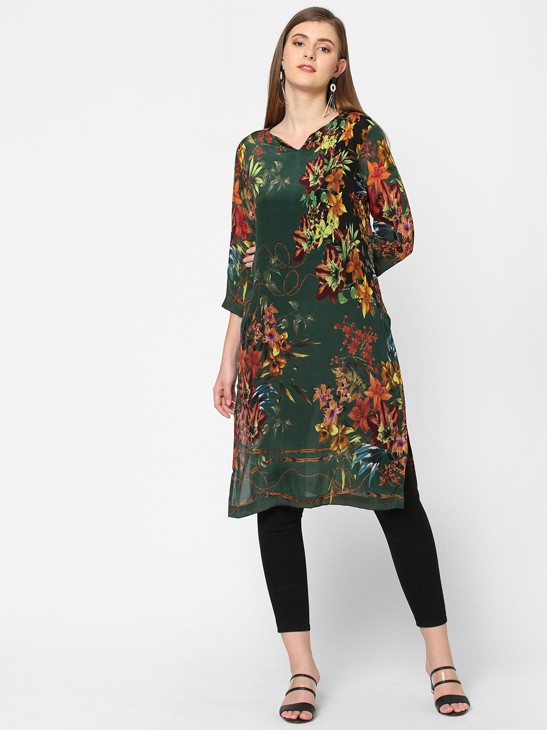 Cloth Haus India Green & Red Floral Printed Boat Neck Kurti