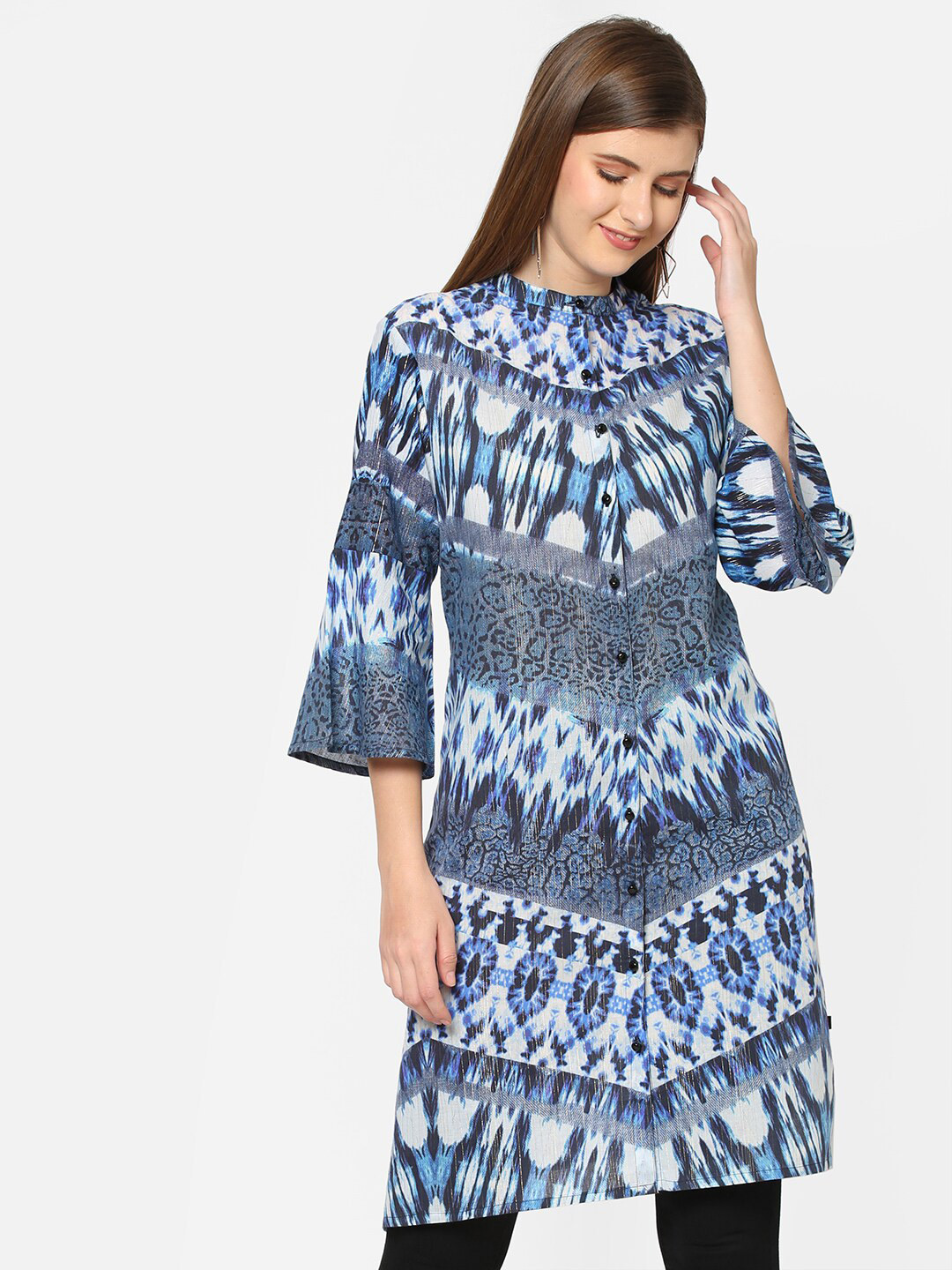 Cloth Haus India Women Blue & White Printed Pure Cotton Flared Sleeves Kurta