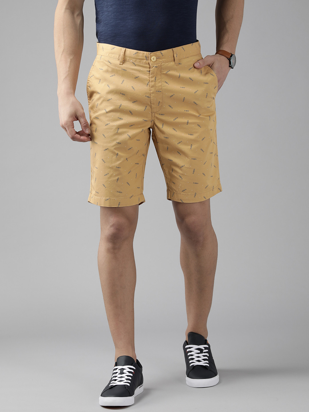 Blackberrys Men Mustard Brown Pure Cotton Printed Bs-10 Slim Fit Low-Rise Chino Shorts