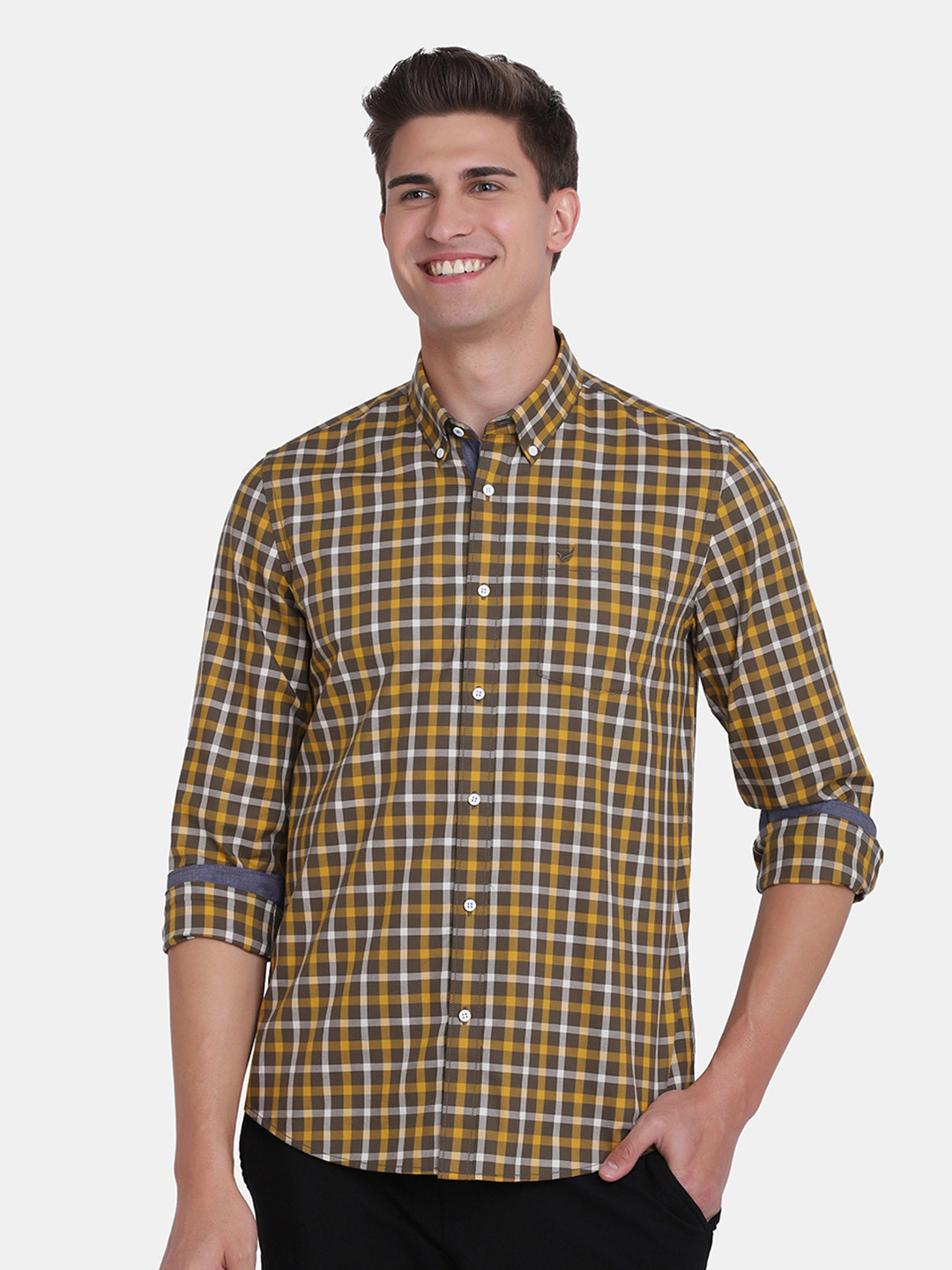 Blackberrys Men Olive Green & Mustard Yellow Cotton India Slim Fit Tartan Checked Shirt