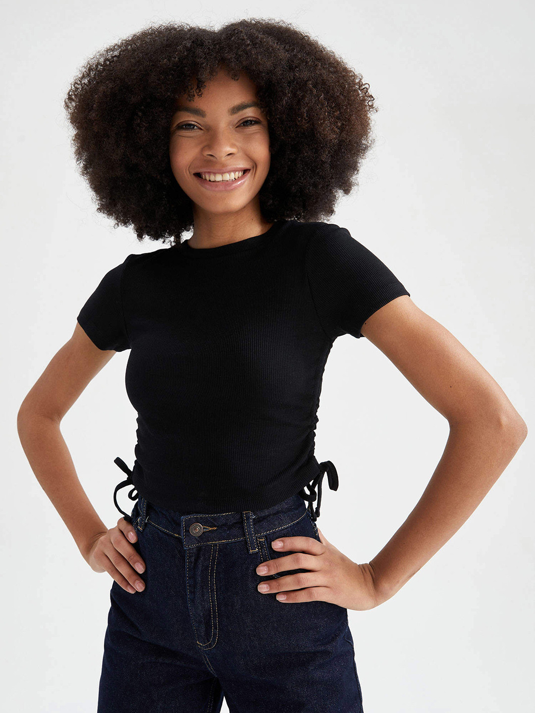 DeFacto Women Black Ribbed Ruched Top