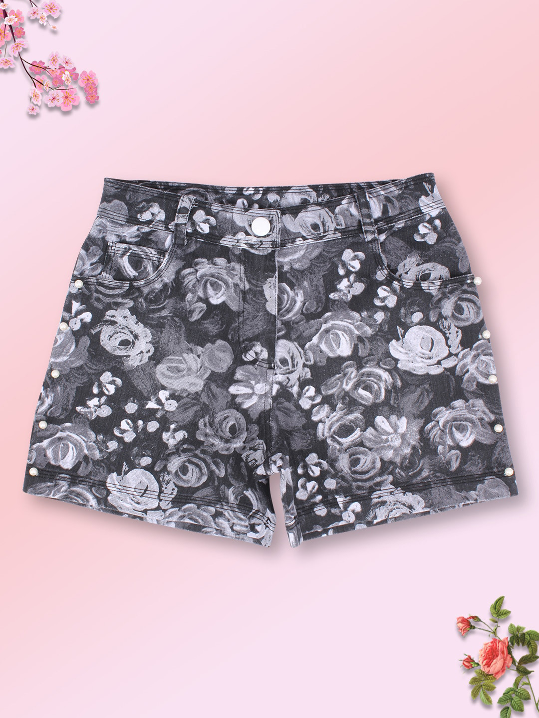 CUTECUMBER Girls Grey Floral Printed Denim Shorts