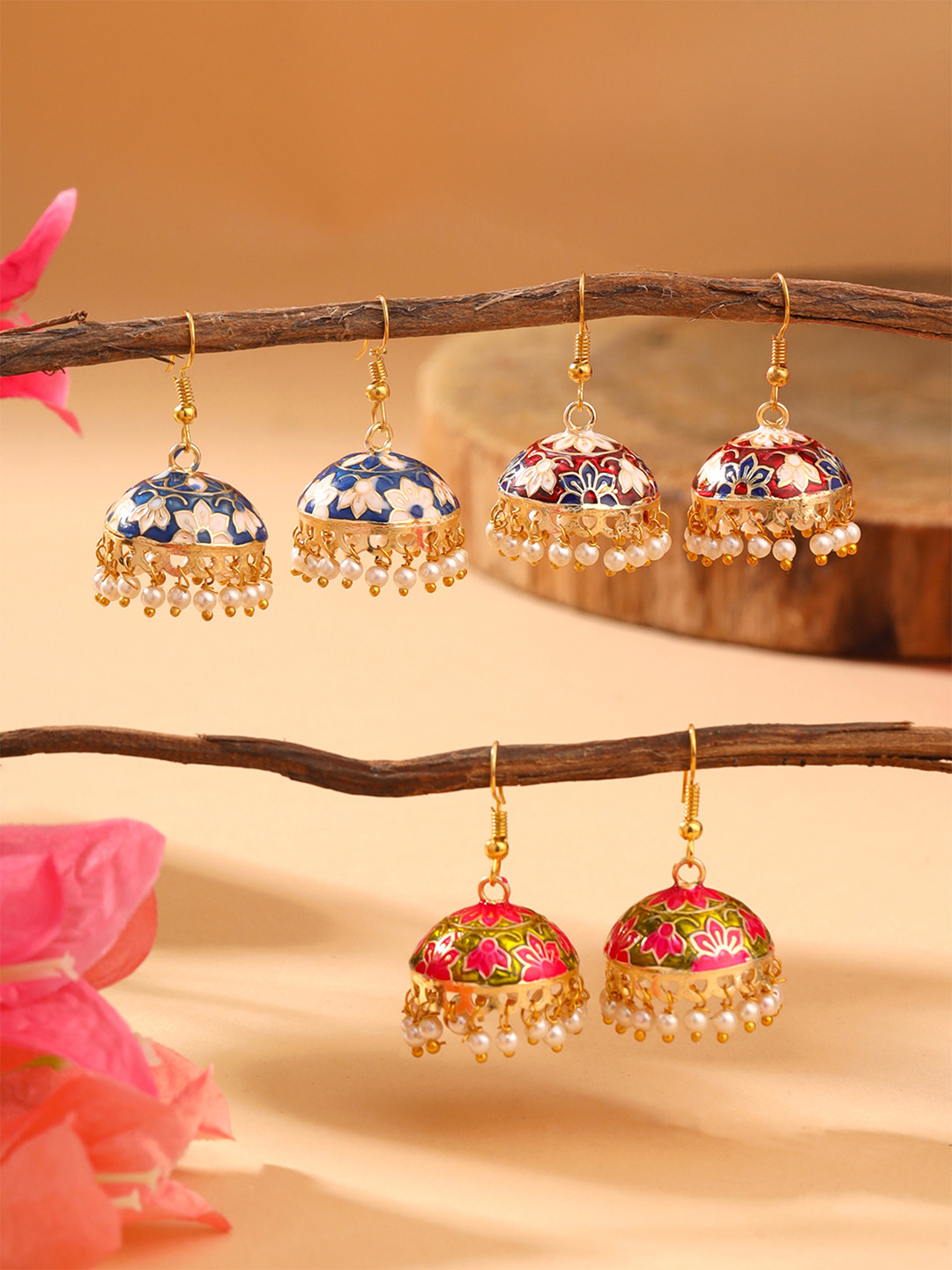 Yellow Chimes Set Of 3 Pair Gold-Plated Meenakari Jhumka Earrings